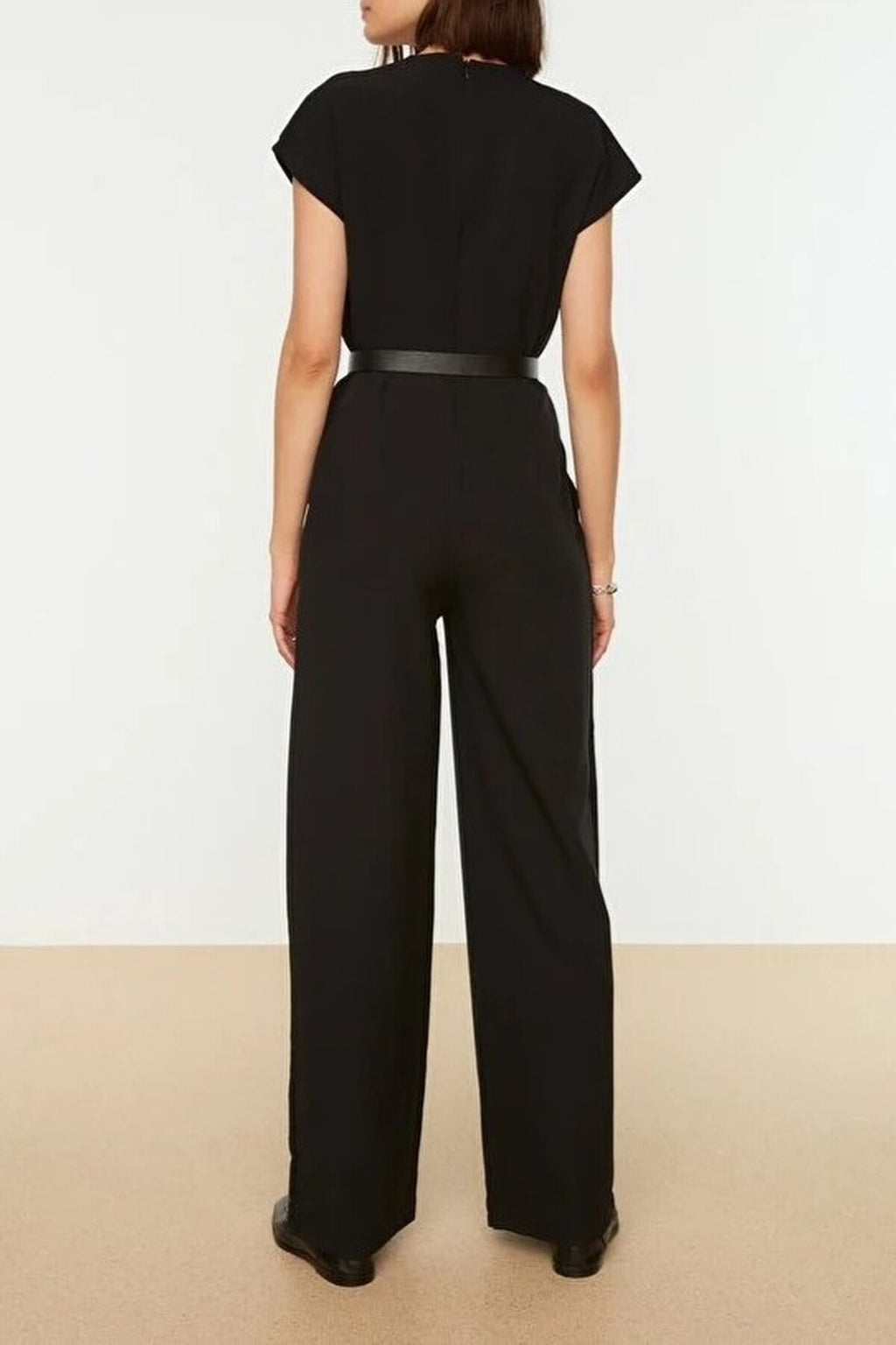 Wrap-Neck Wide-Leg Woven Jumpsuit with Belt