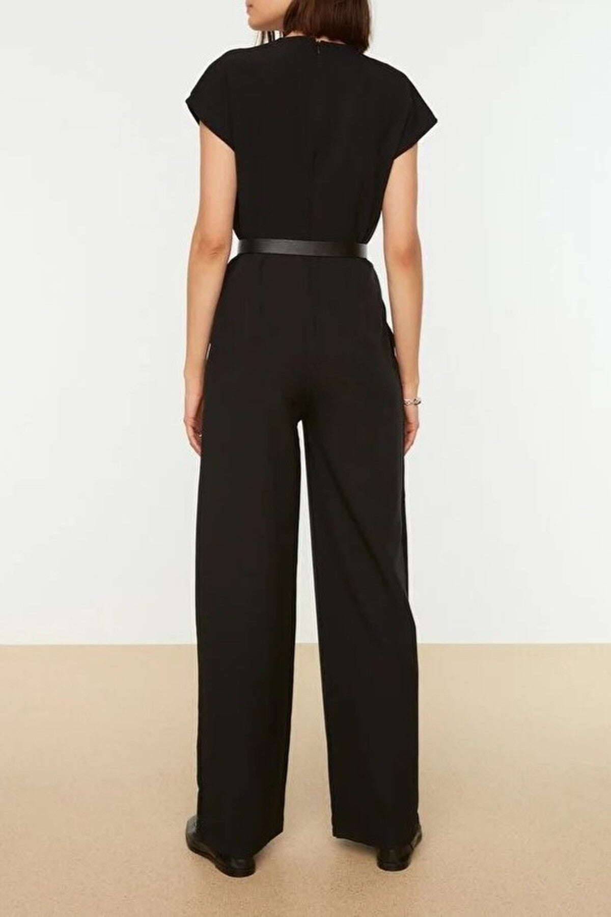 Wrap-Neck Wide-Leg Woven Jumpsuit with Belt