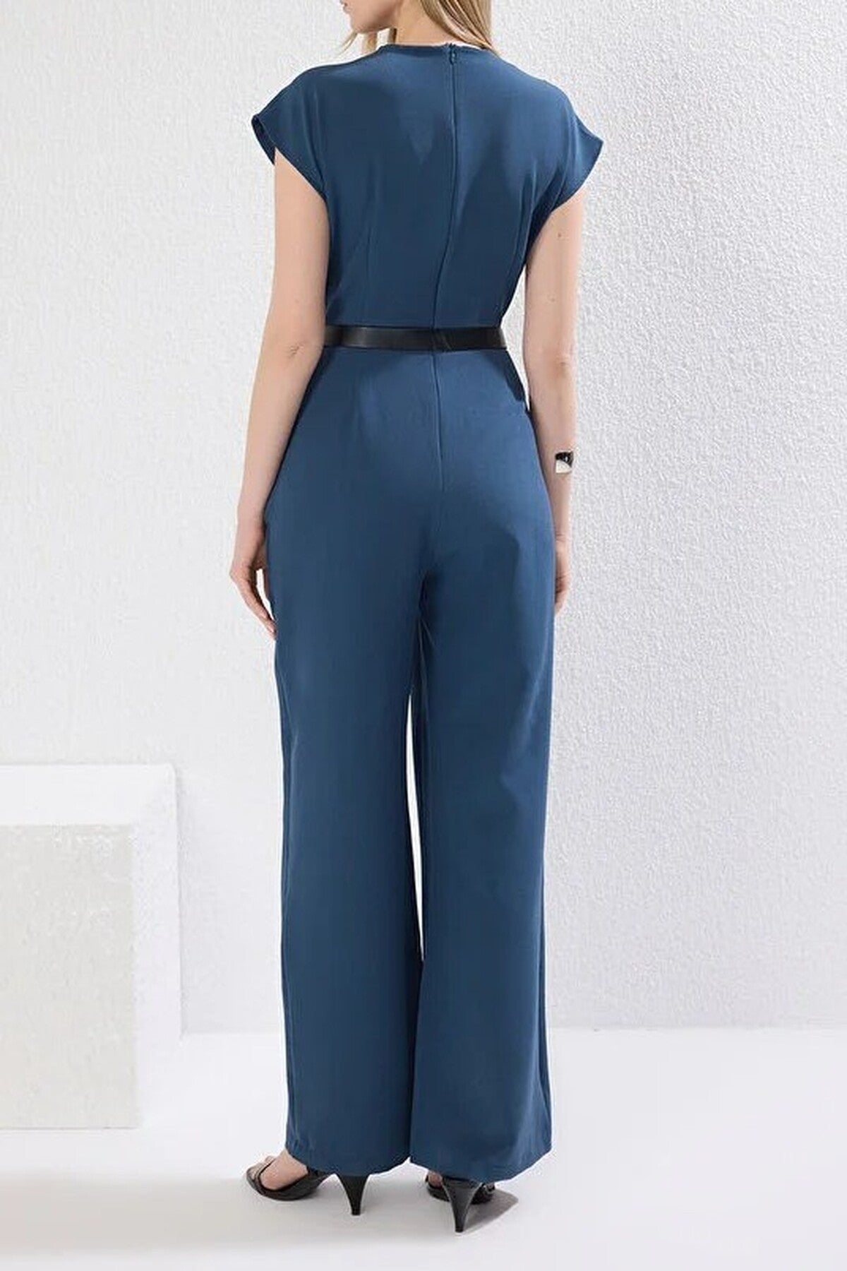 Wrap-Neck Wide-Leg Woven Jumpsuit with Belt