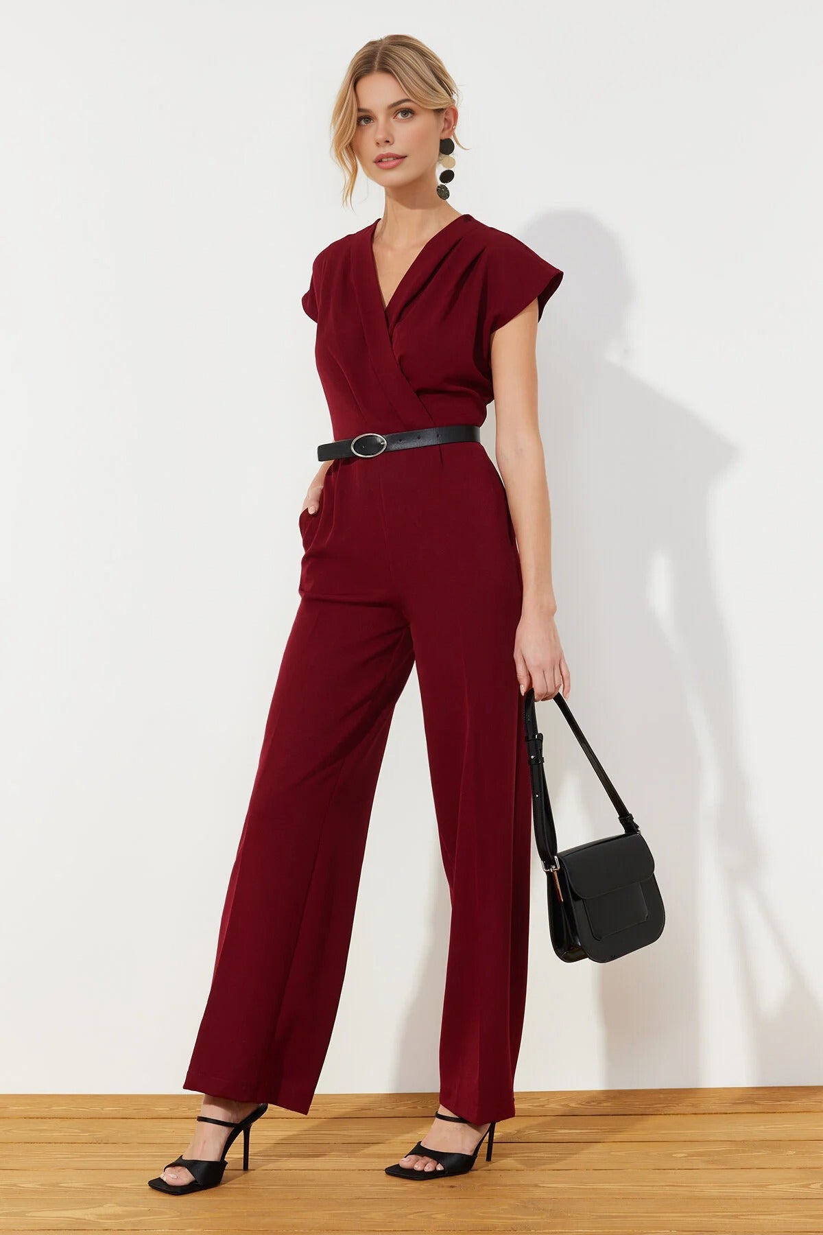Wrap-Neck Wide-Leg Woven Jumpsuit with Belt