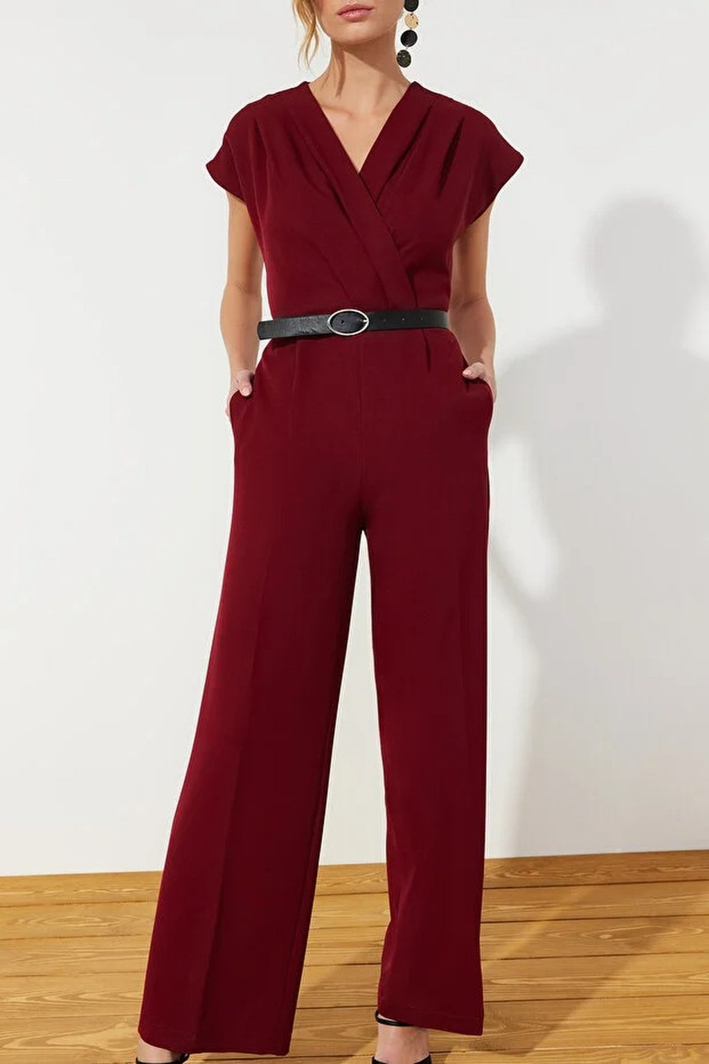 Wrap-Neck Wide-Leg Woven Jumpsuit with Belt