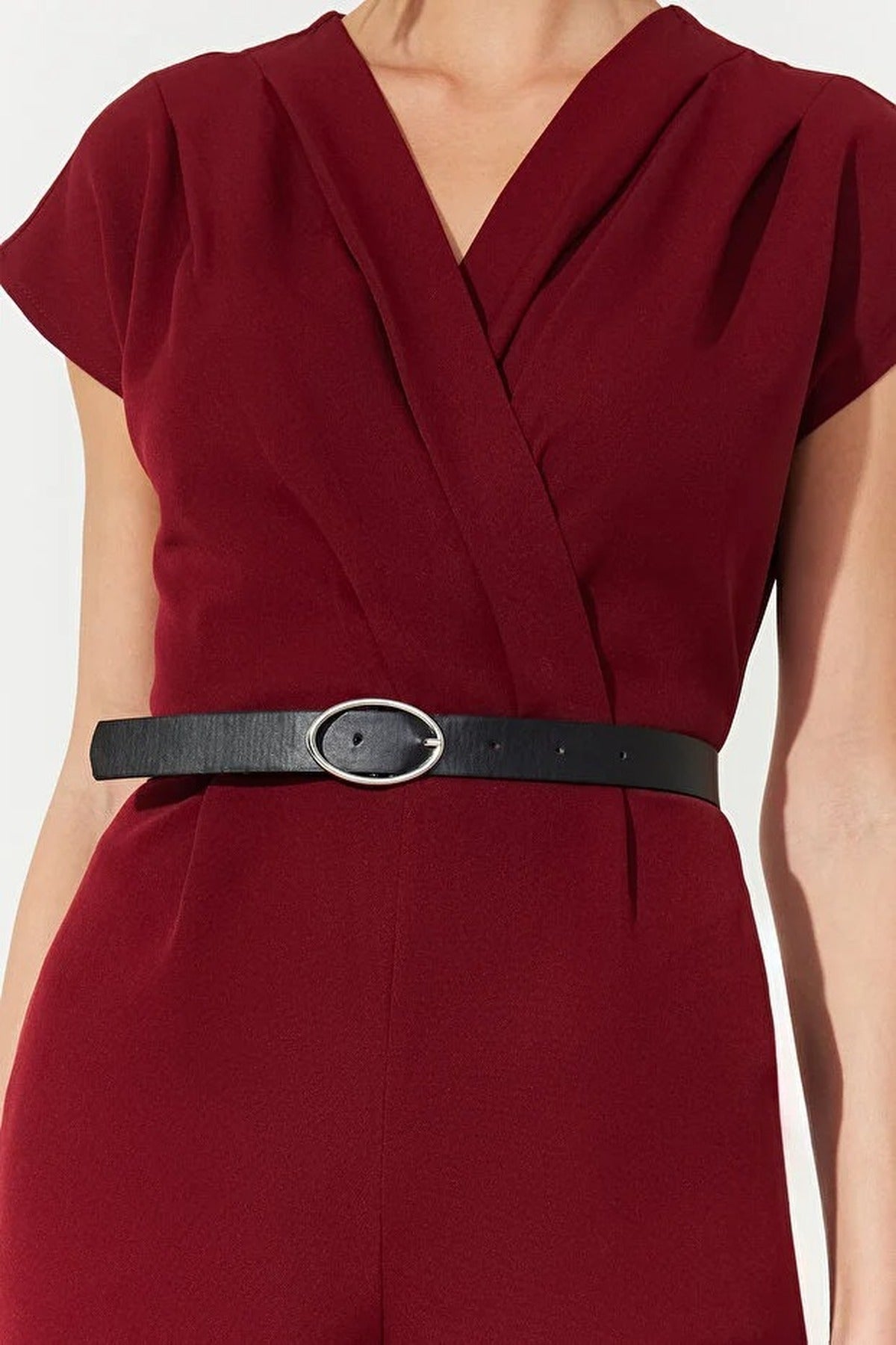 Wrap-Neck Wide-Leg Woven Jumpsuit with Belt