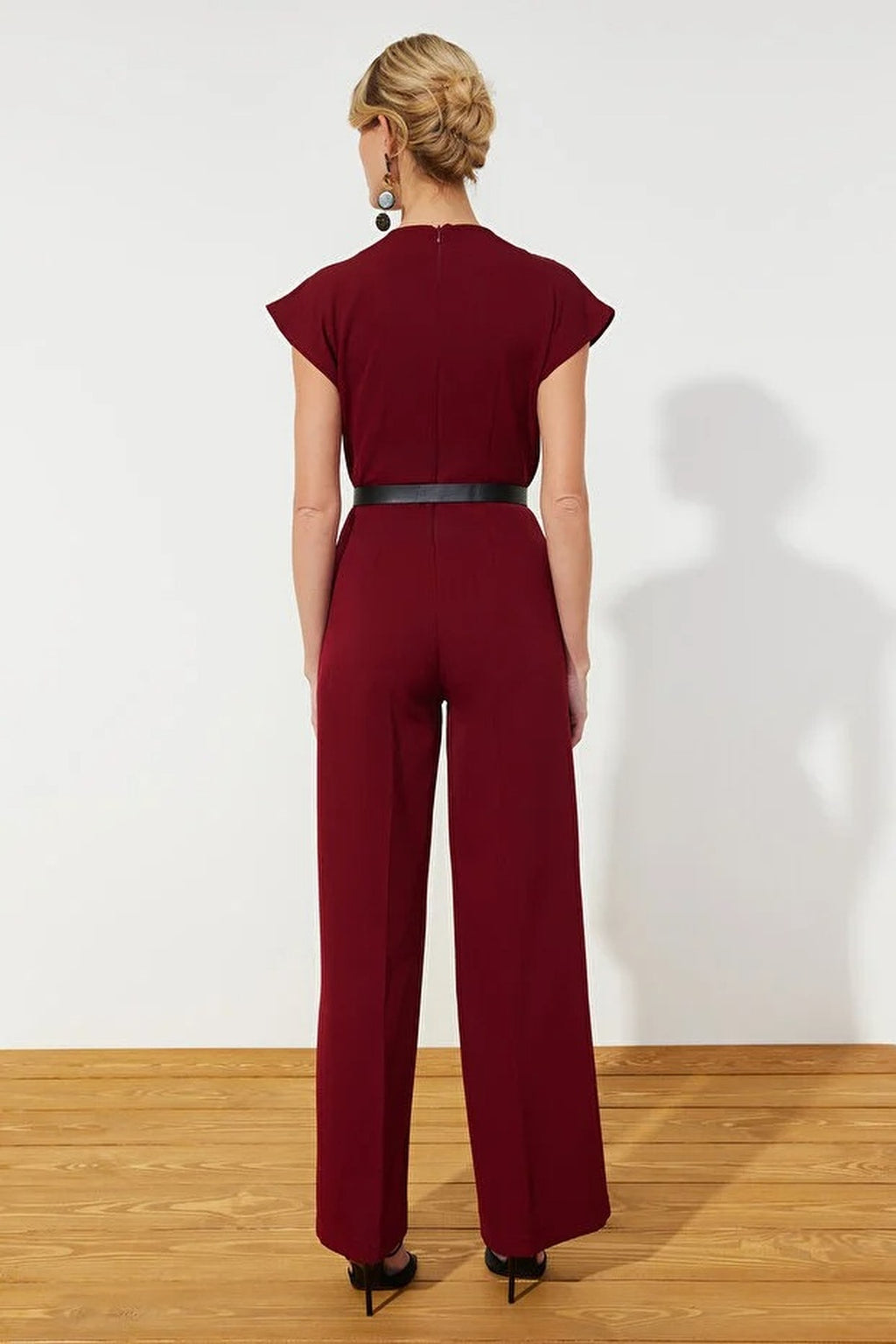 Wrap-Neck Wide-Leg Woven Jumpsuit with Belt