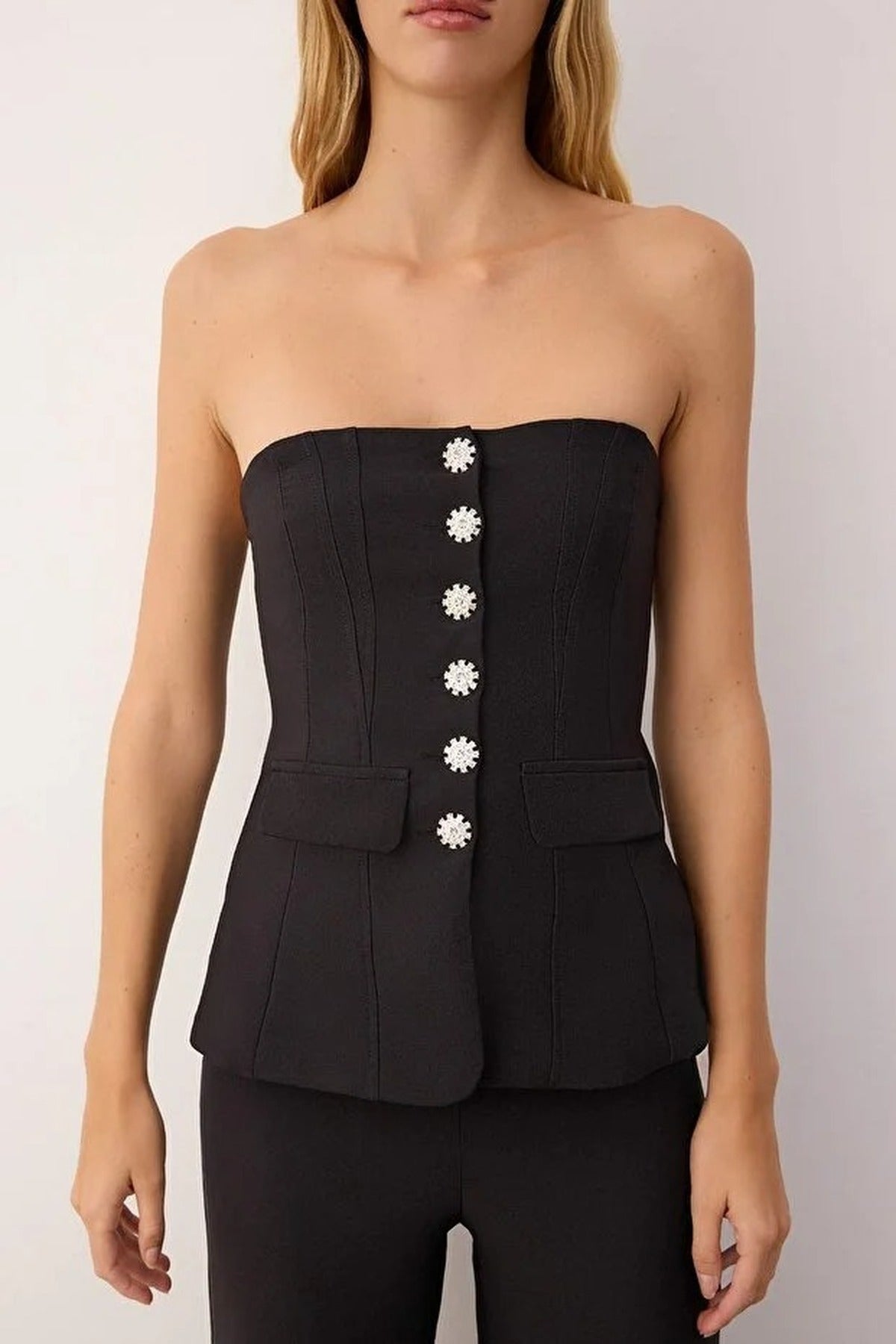 Strapless Woven Evening Jumpsuit with Stone Embellishing