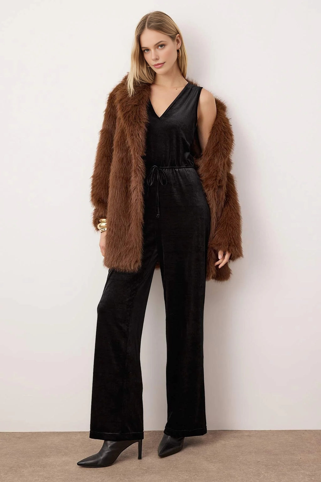 V-Neck Velvet Regular Wide Leg Knit Jumpsuit