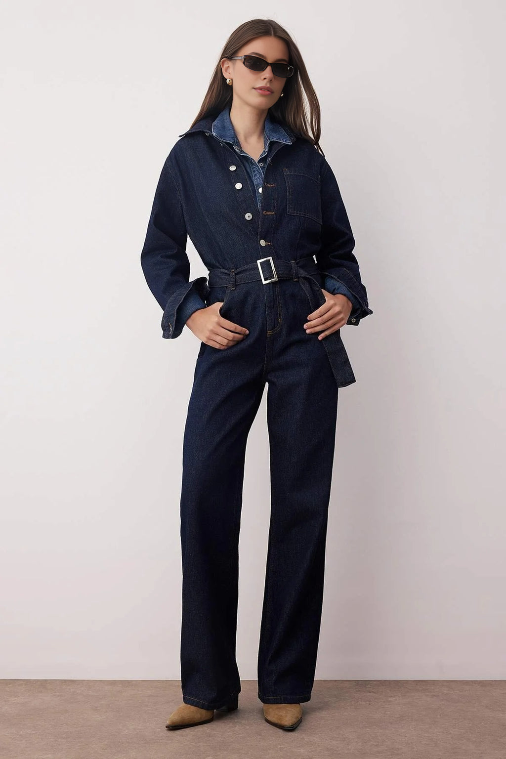Belted Wide Leg Denim Jumpsuit