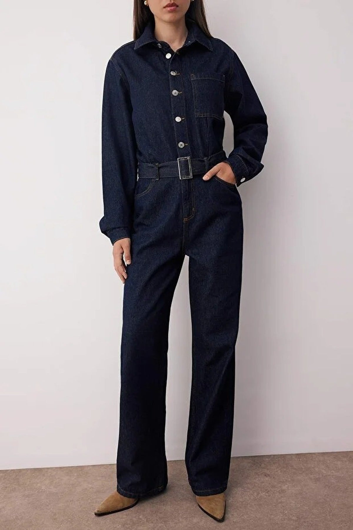 Belted Wide Leg Denim Jumpsuit