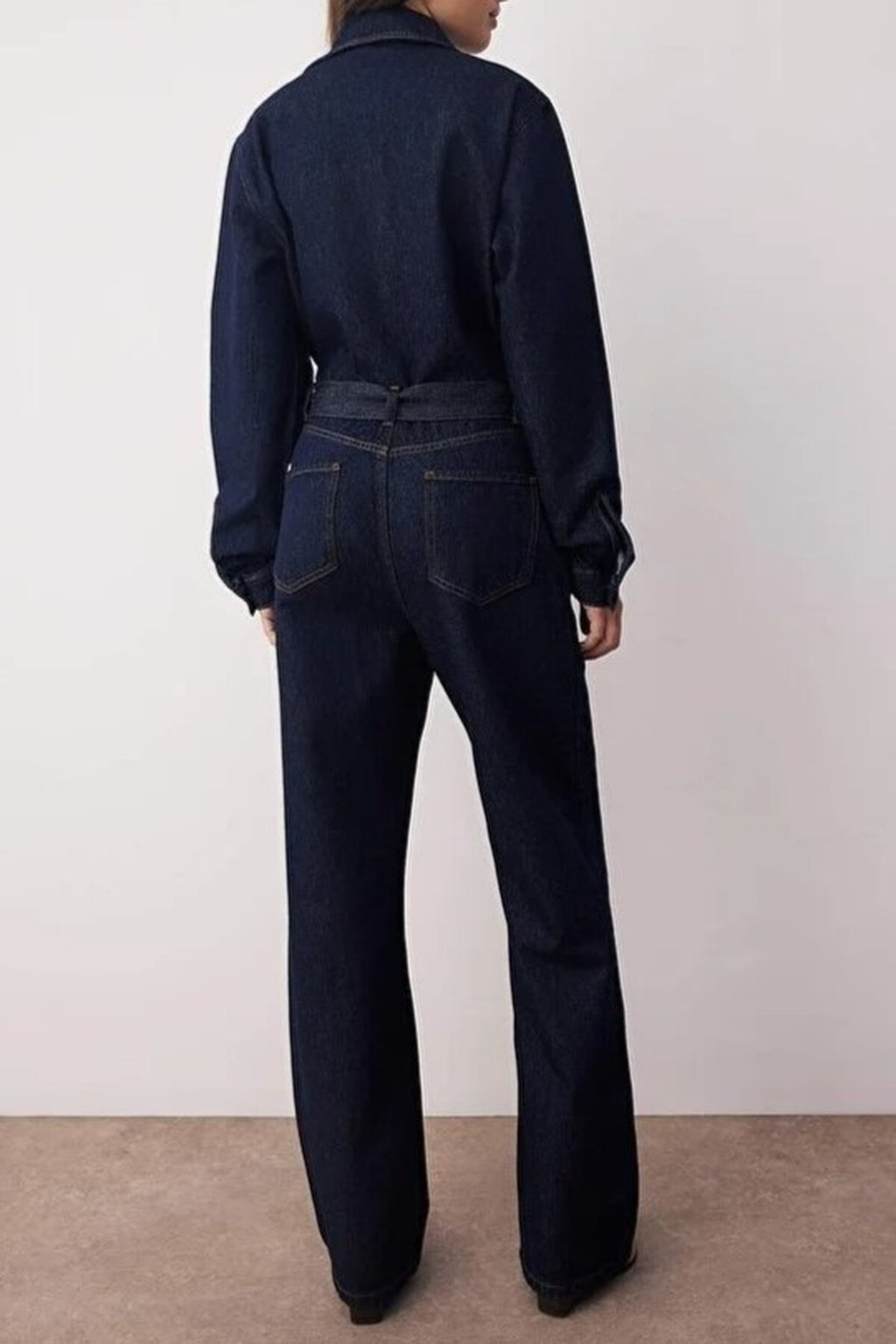 Belted Wide Leg Denim Jumpsuit
