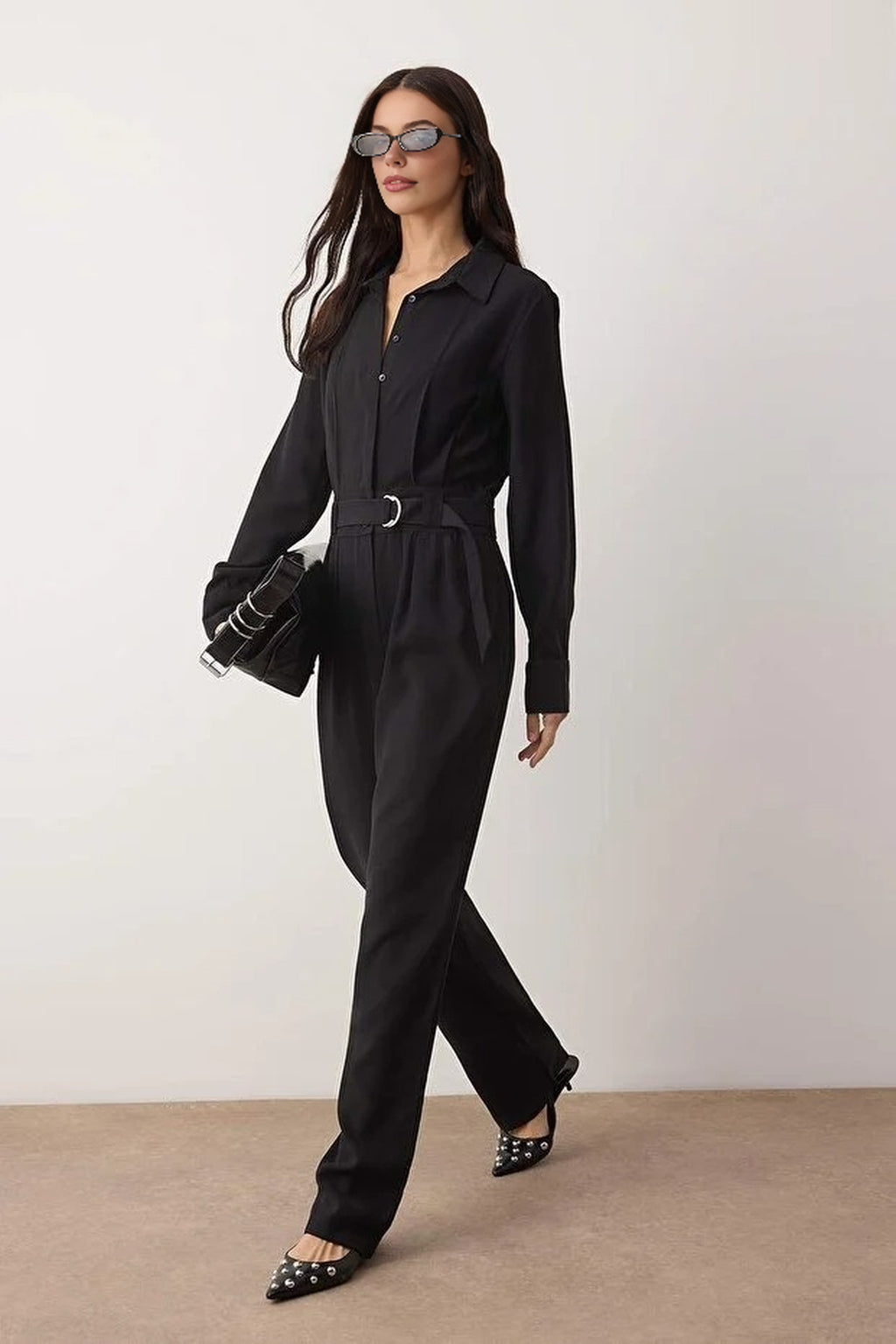 Shirt Collar Draped Straight Leg Jumpsuit