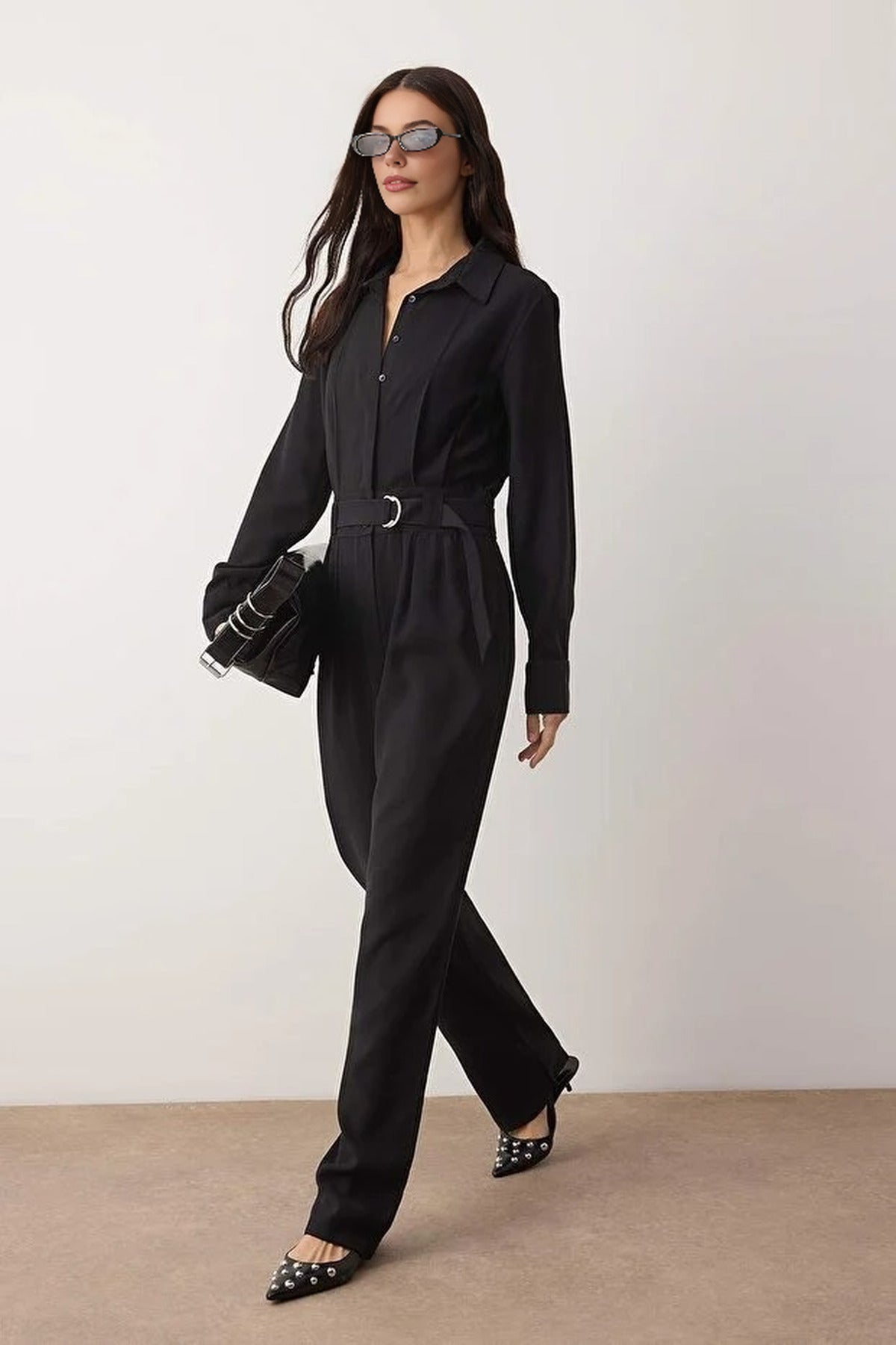 Shirt Collar Draped Straight Leg Jumpsuit