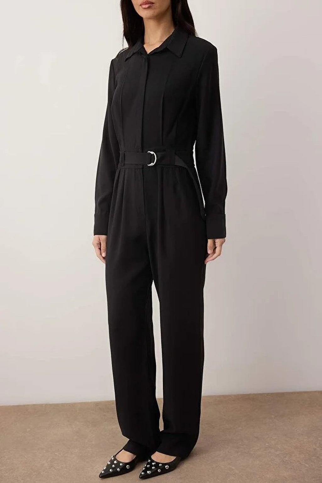 Shirt Collar Draped Straight Leg Jumpsuit