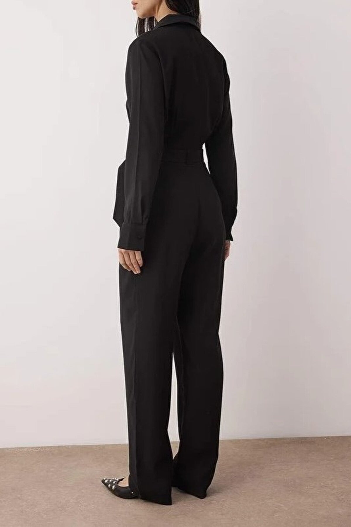 Shirt Collar Draped Straight Leg Jumpsuit
