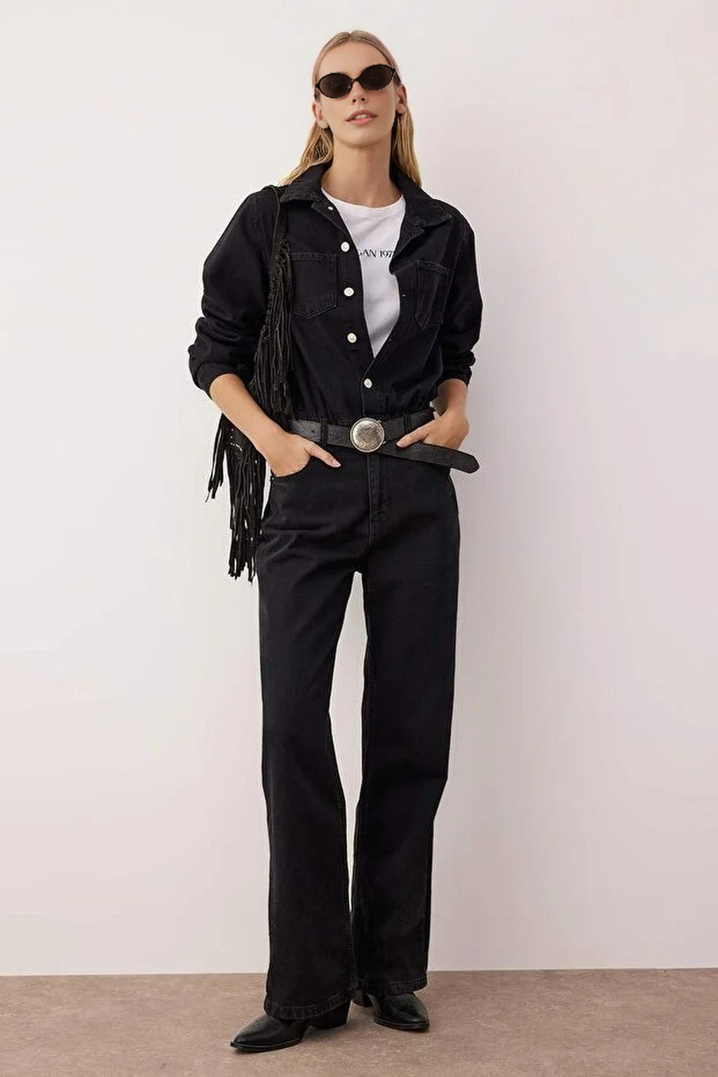 Shirt Collar Wide Leg Denim Jumpsuit