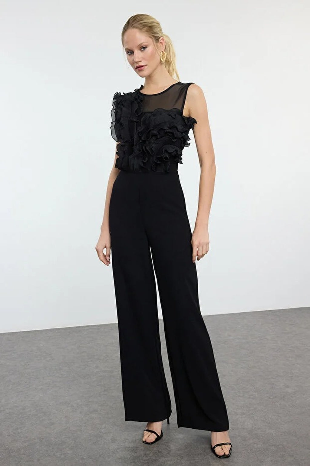 Woven Jumpsuit with Tulle Details