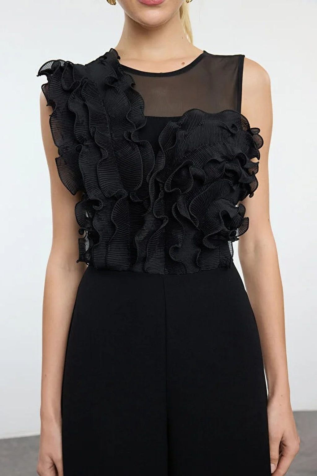 Woven Jumpsuit with Tulle Details