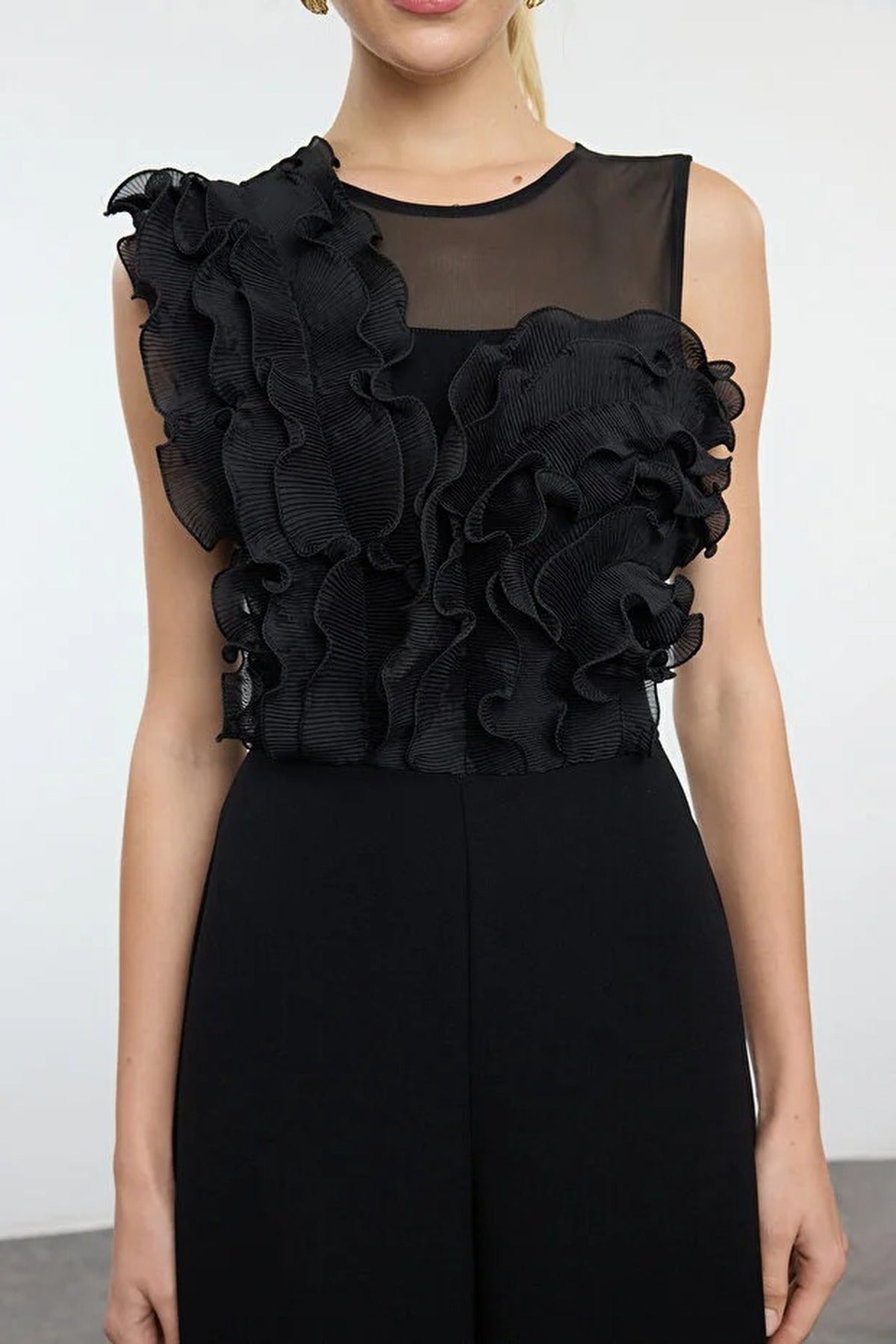 Woven Jumpsuit with Tulle Details