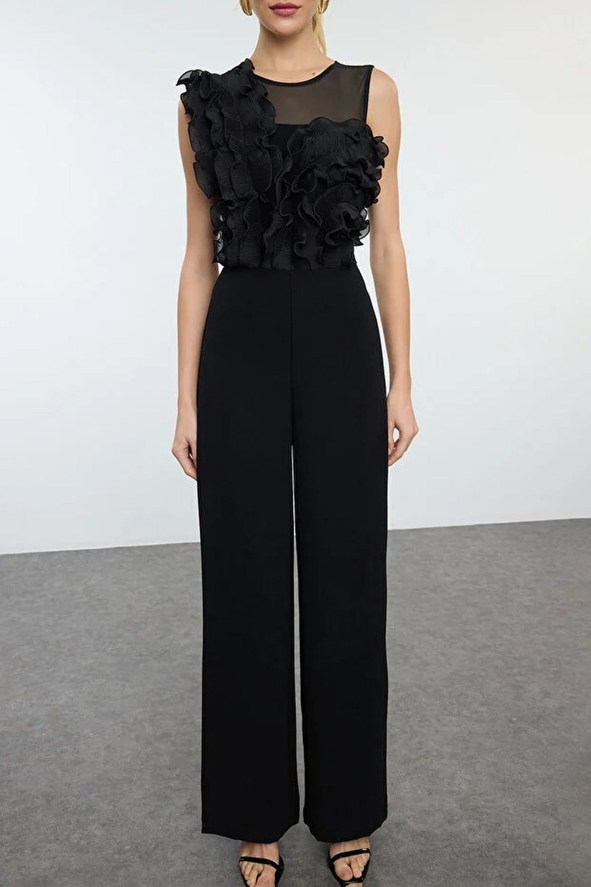 Woven Jumpsuit with Tulle Details