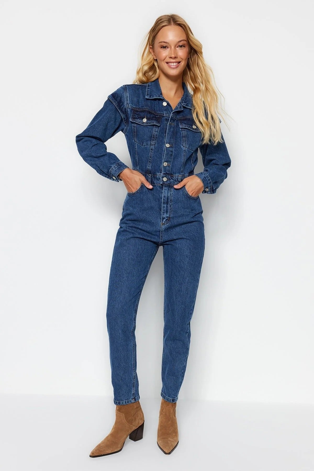 Denim Jumpsuit with Stitching Detail