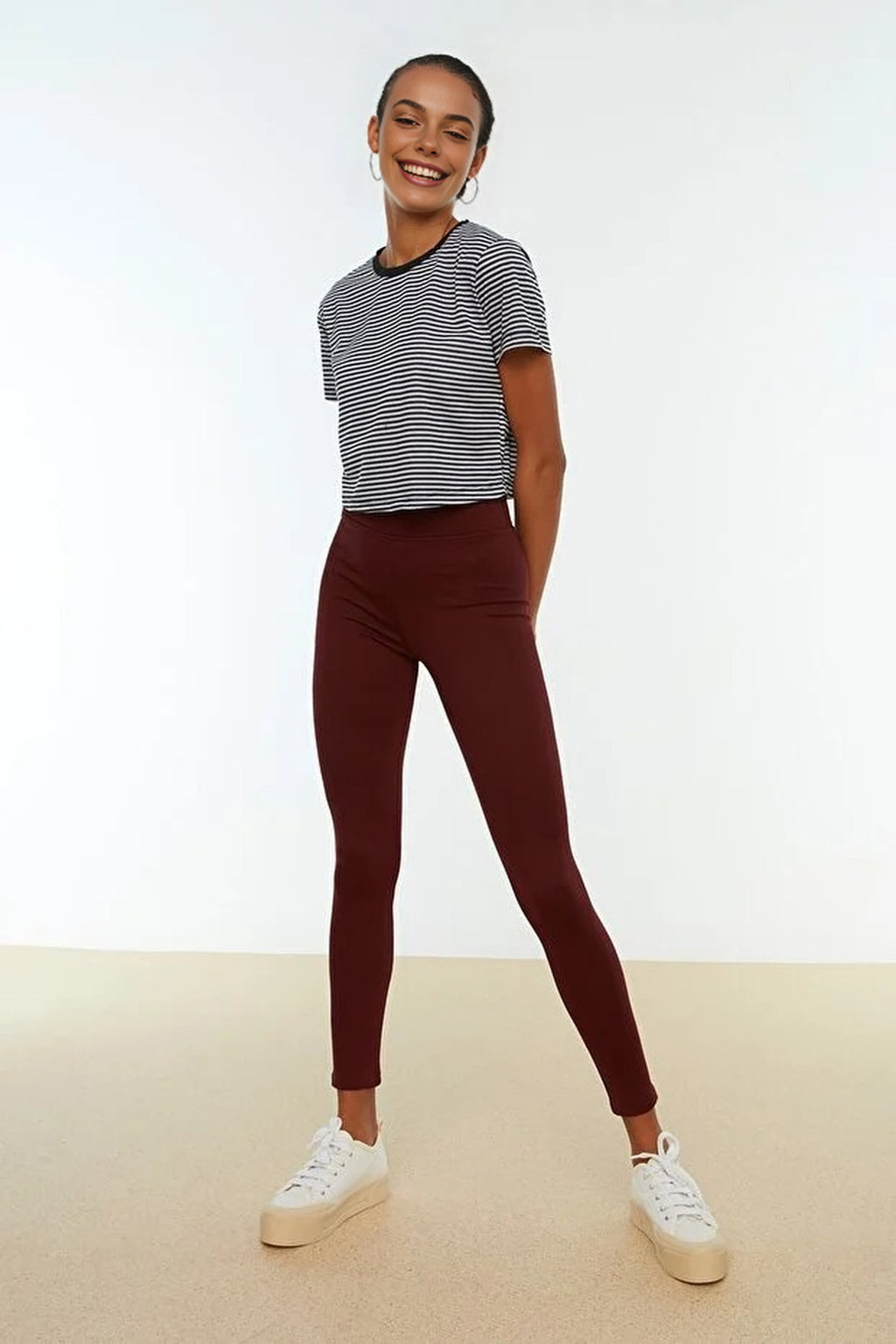 High Waist Elastic Knit Leggings with Elastic Waistband