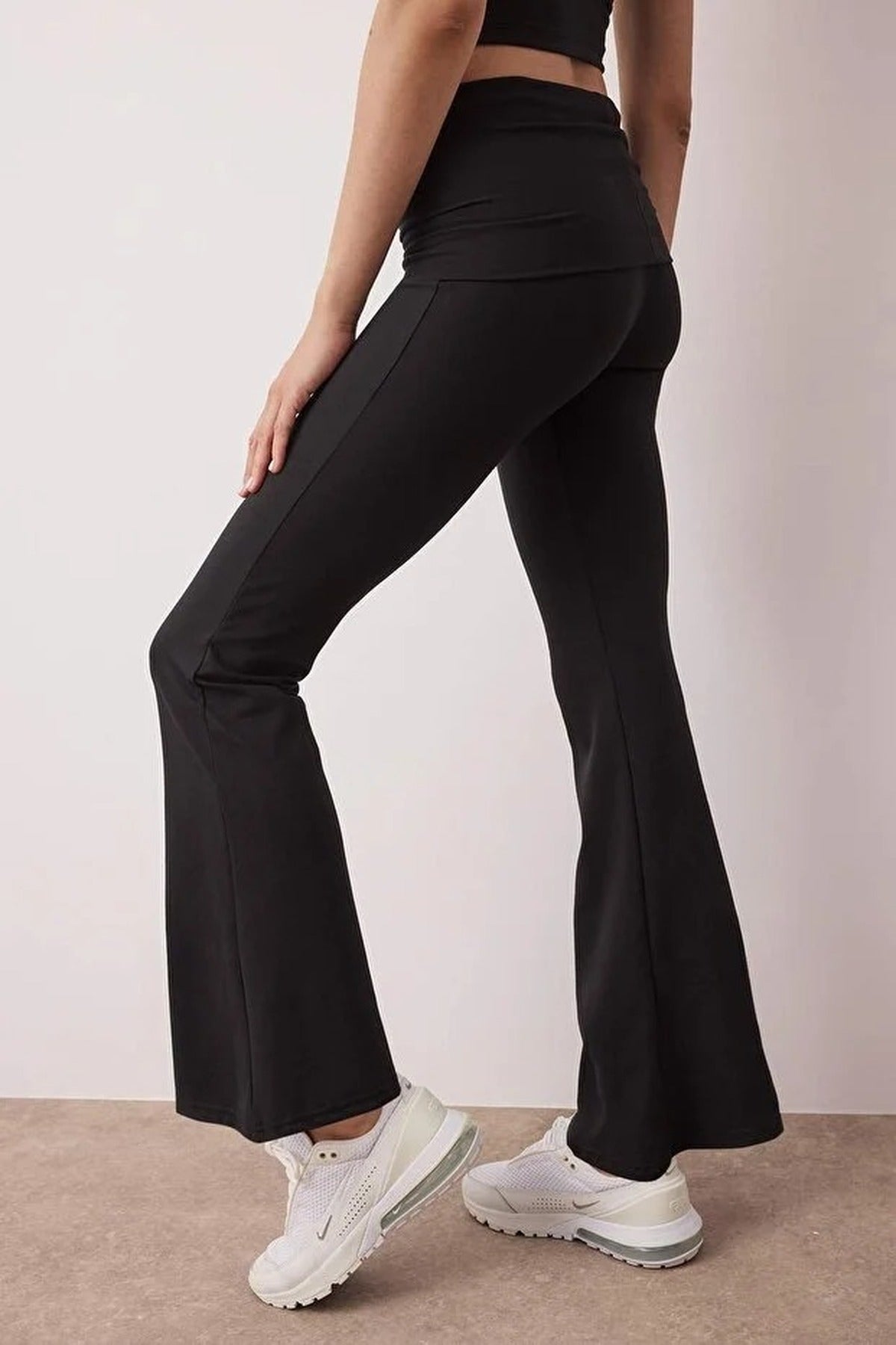 Brushed Soft Fabric Flare Yoga Knit Sports Leggings with Waist Fold Detail