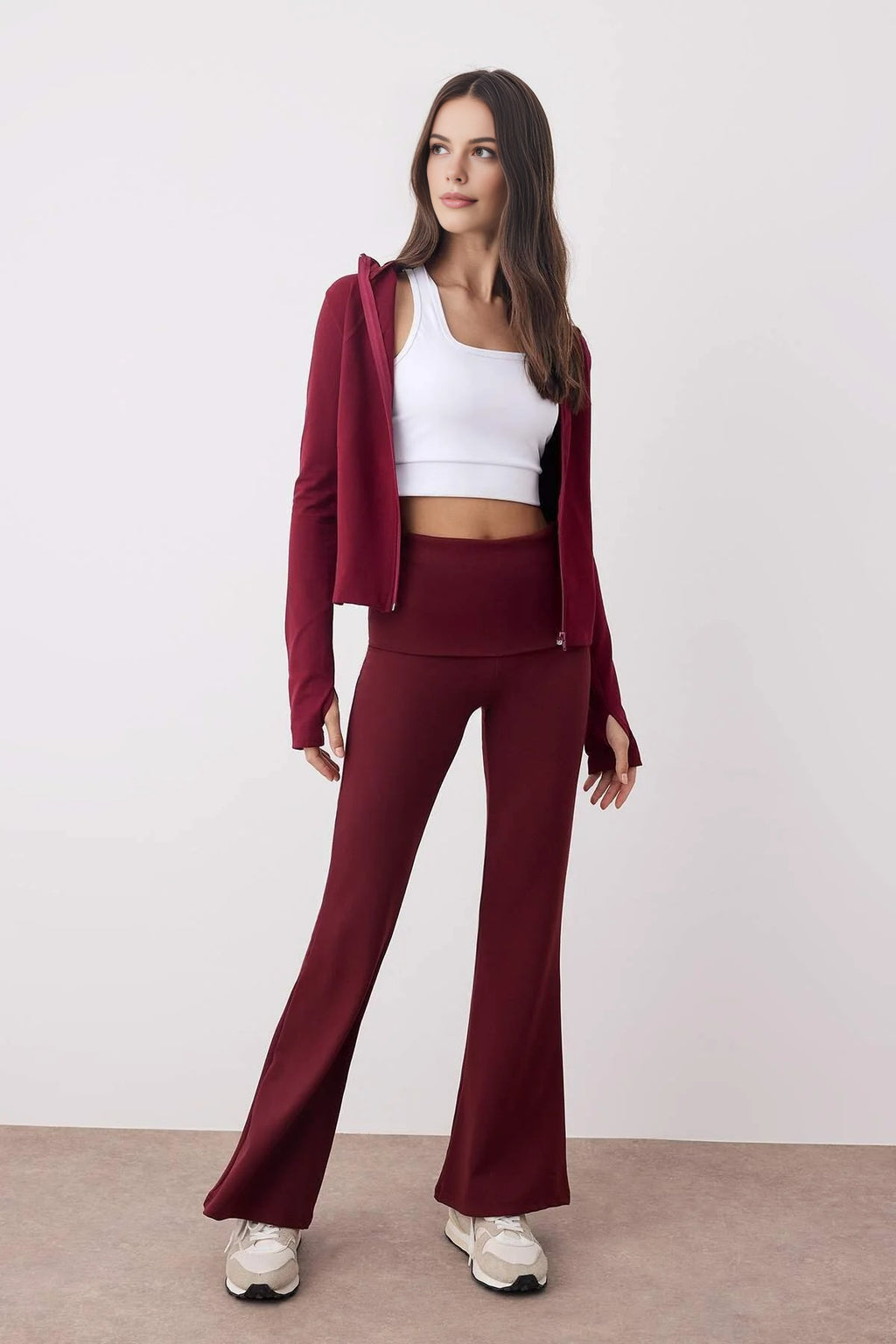 Brushed Soft Fabric Flare Yoga Knit Sports Leggings with Waist Fold Detail