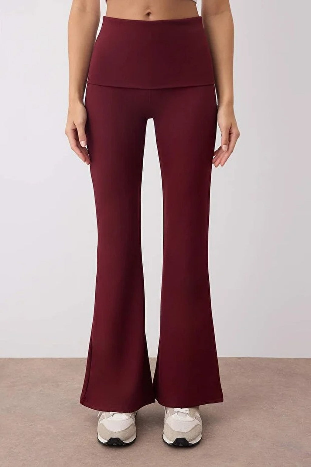 Brushed Soft Fabric Flare Yoga Knit Sports Leggings with Waist Fold Detail