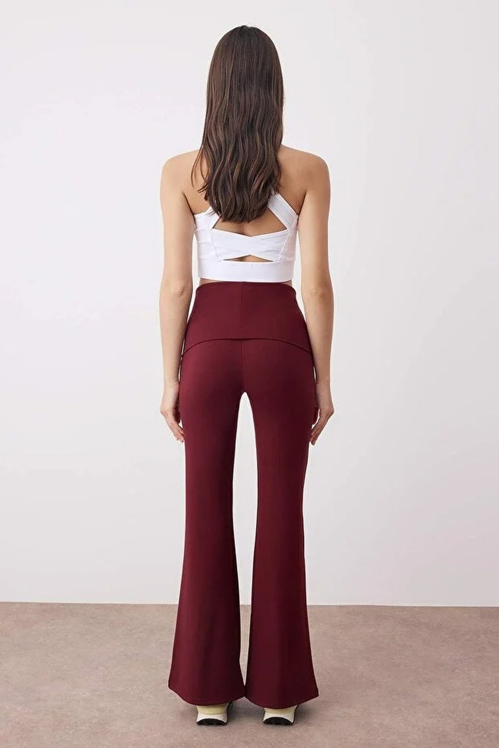 Brushed Soft Fabric Flare Yoga Knit Sports Leggings with Waist Fold Detail