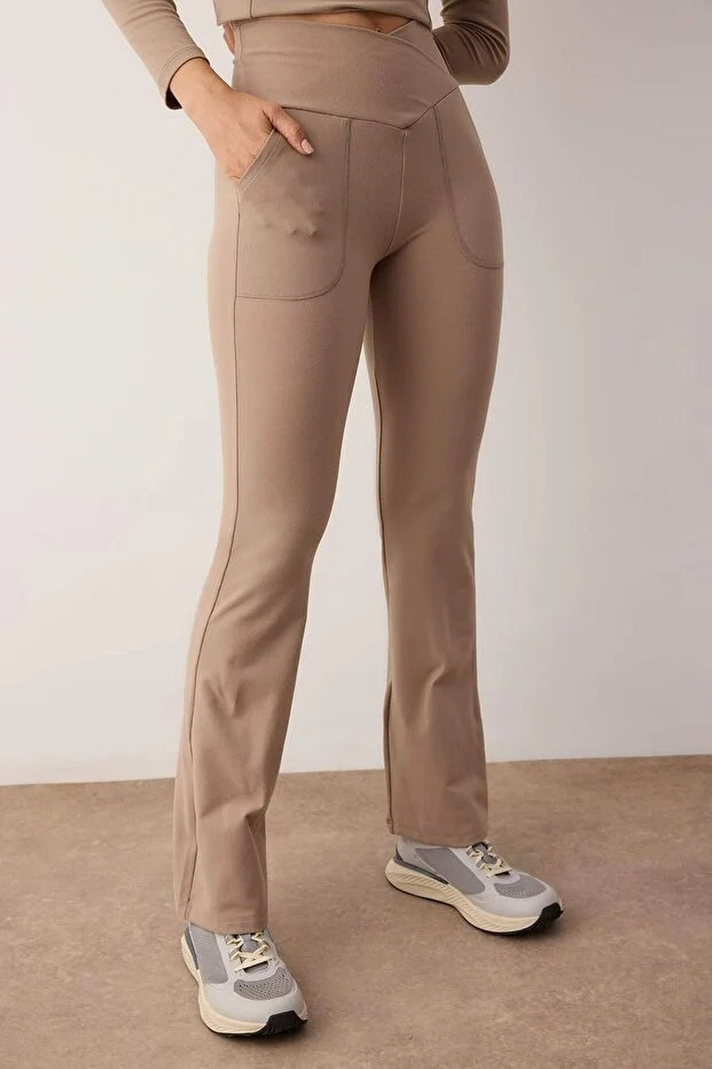 Wrap Waist and Flared Yoga Knit Sports Leggings with Pocket Detail