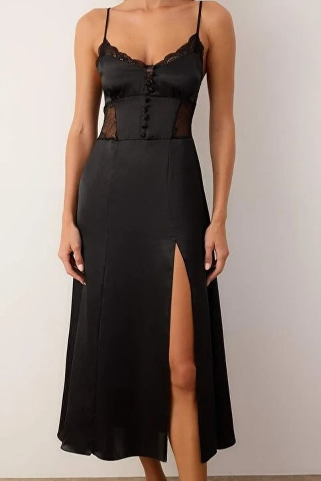 Satin Woven Nightdress with Lace and Slit Detail