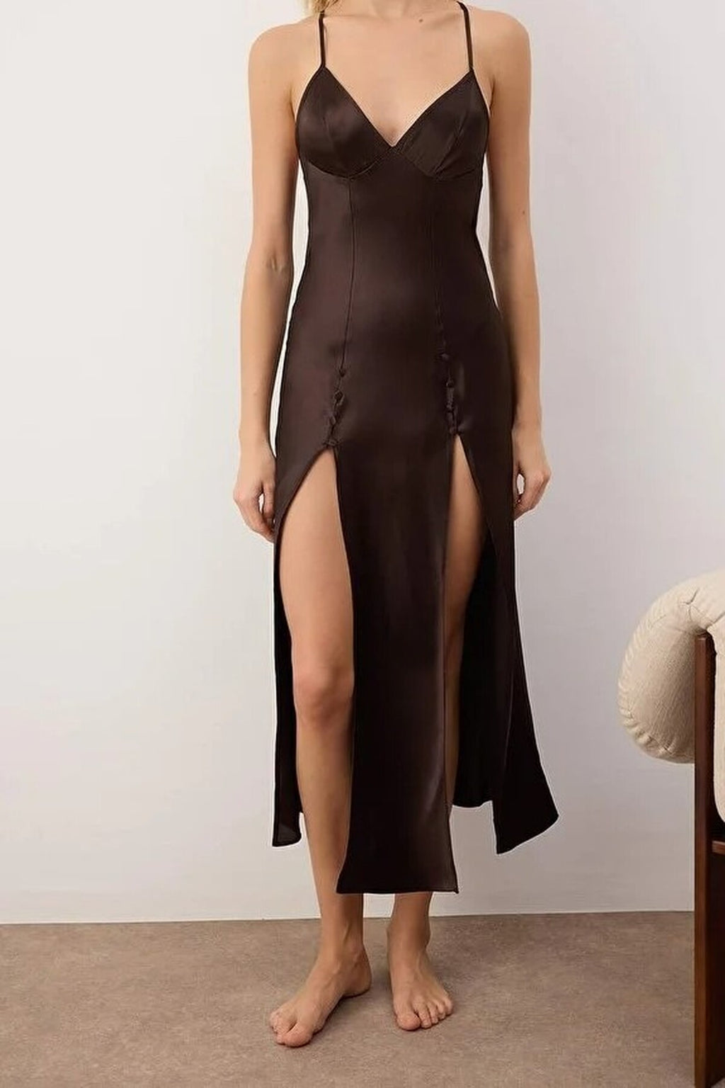 Strappy Satin Nightdress with Slit and Button Detail