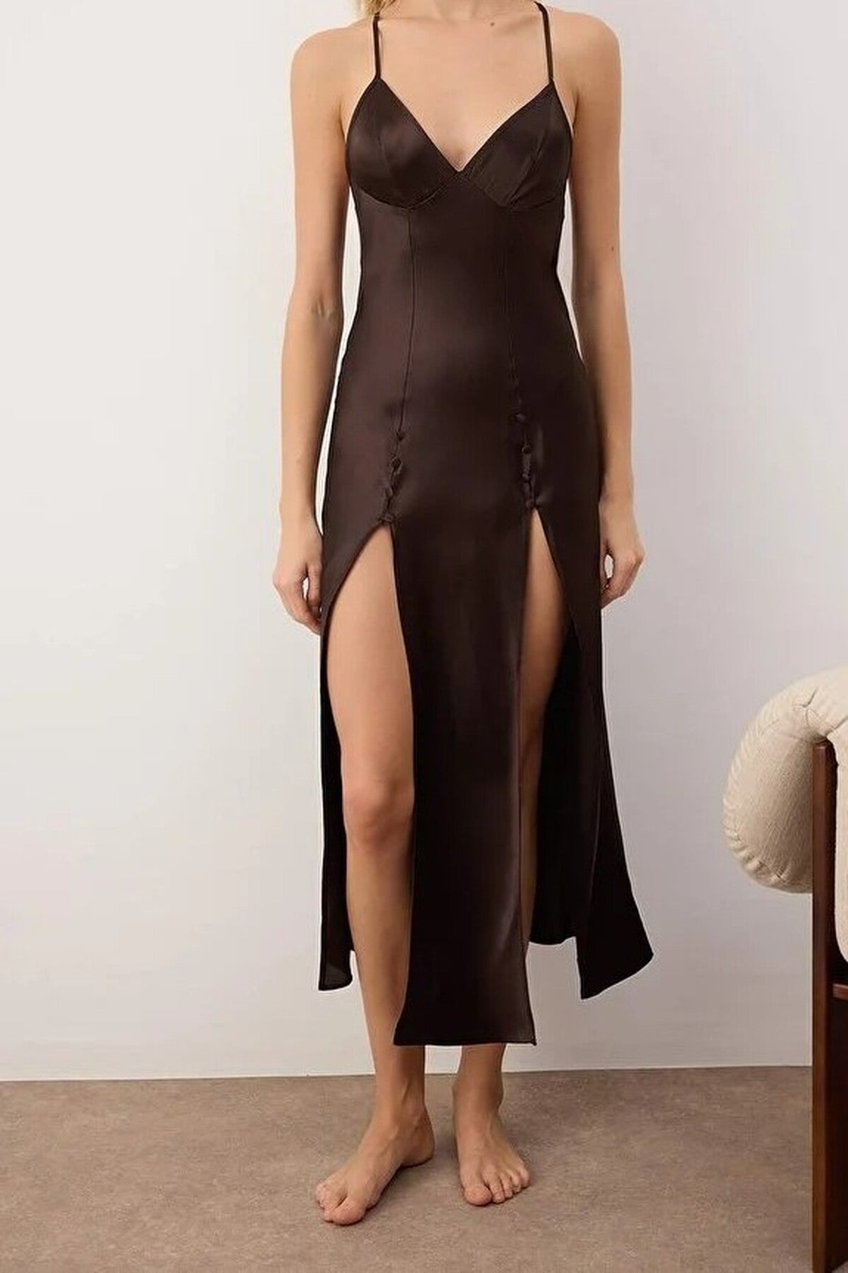 Strappy Satin Nightdress with Slit and Button Detail