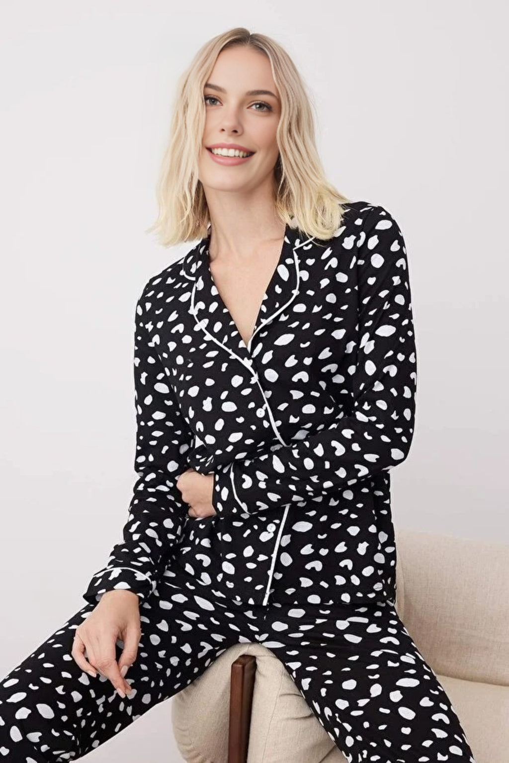 2-Piece 100% Cotton Leopard Print Shirt-Pants Knit Pajama Set