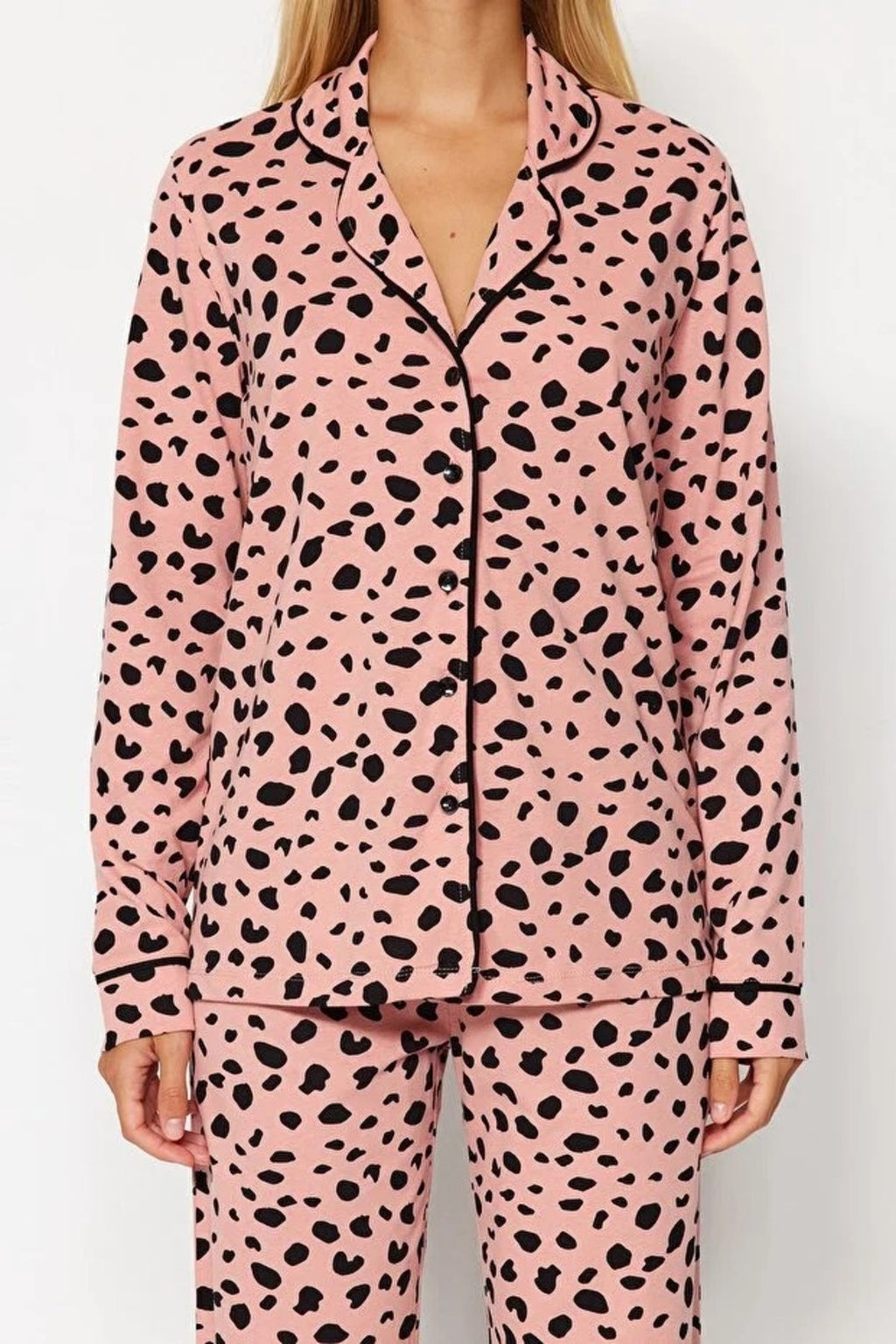 2-Piece 100% Cotton Leopard Print Shirt-Pants Knit Pajama Set