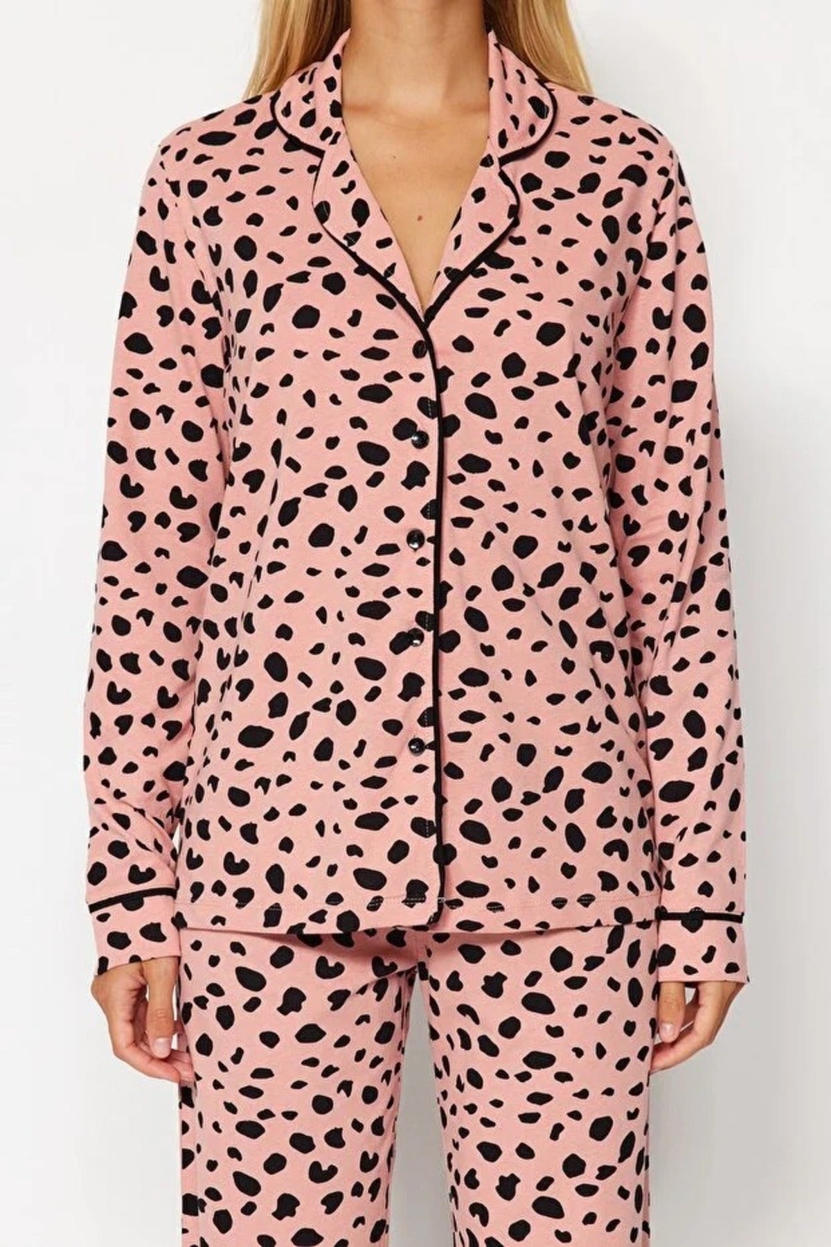 2-Piece 100% Cotton Leopard Print Shirt-Pants Knit Pajama Set