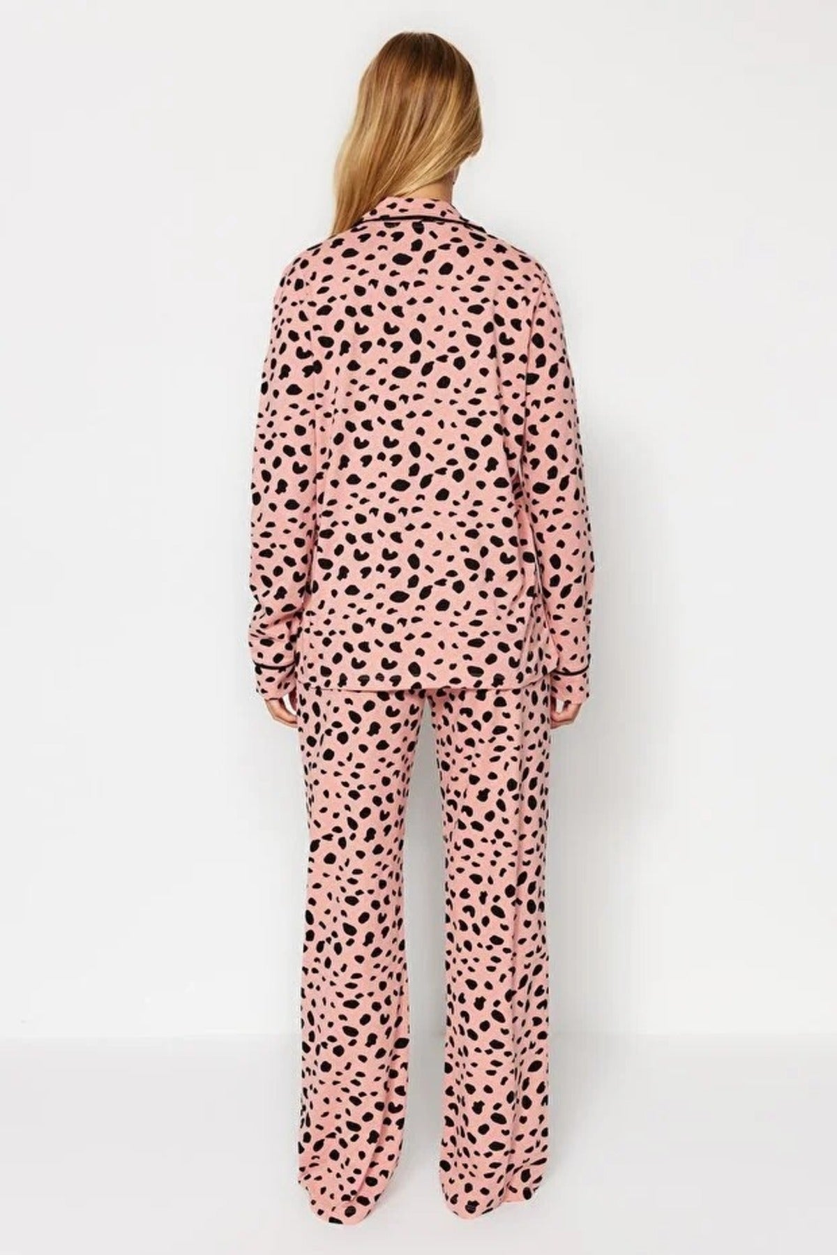2-Piece 100% Cotton Leopard Print Shirt-Pants Knit Pajama Set