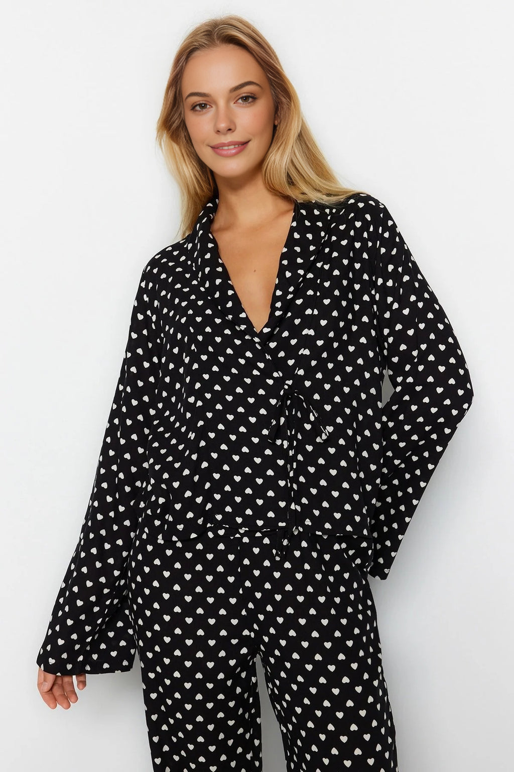 2-Piece Heart Print Viscose Woven Pajama Set with Tie Detail