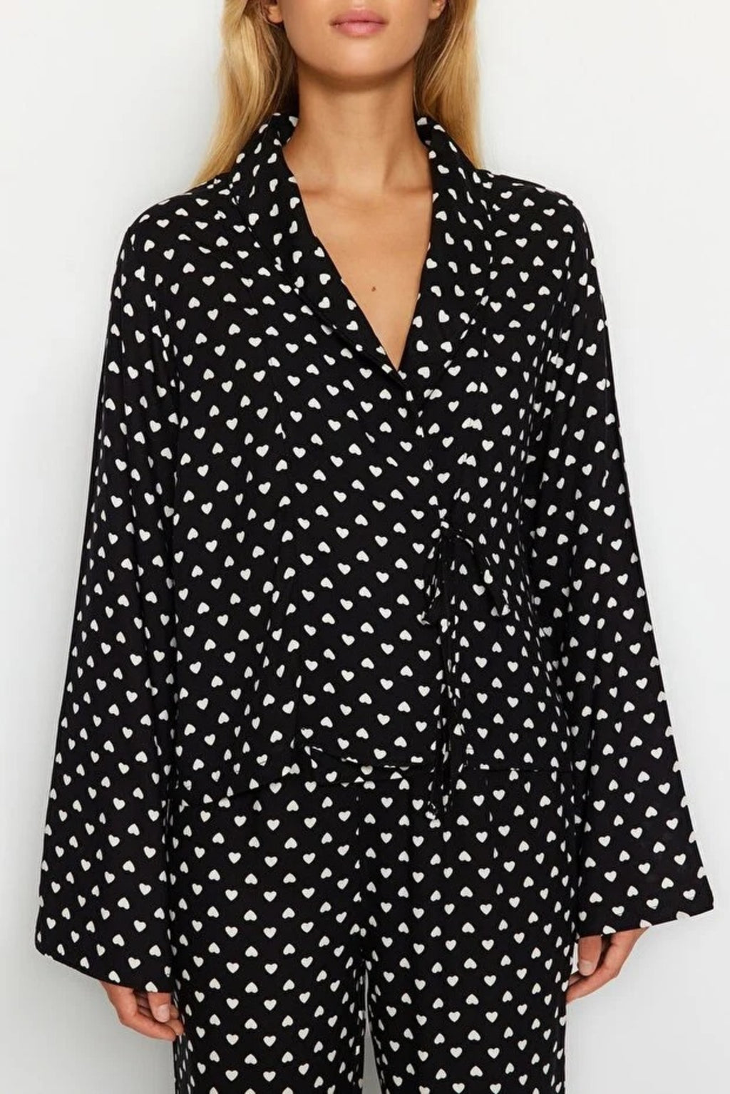 2-Piece Heart Print Viscose Woven Pajama Set with Tie Detail