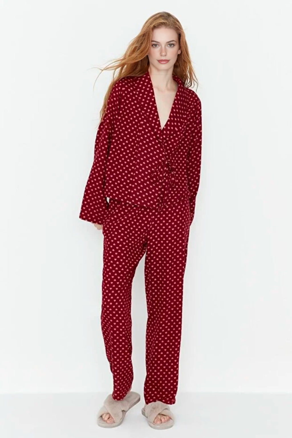 2-Piece Heart Print Viscose Woven Pajama Set with Tie Detail