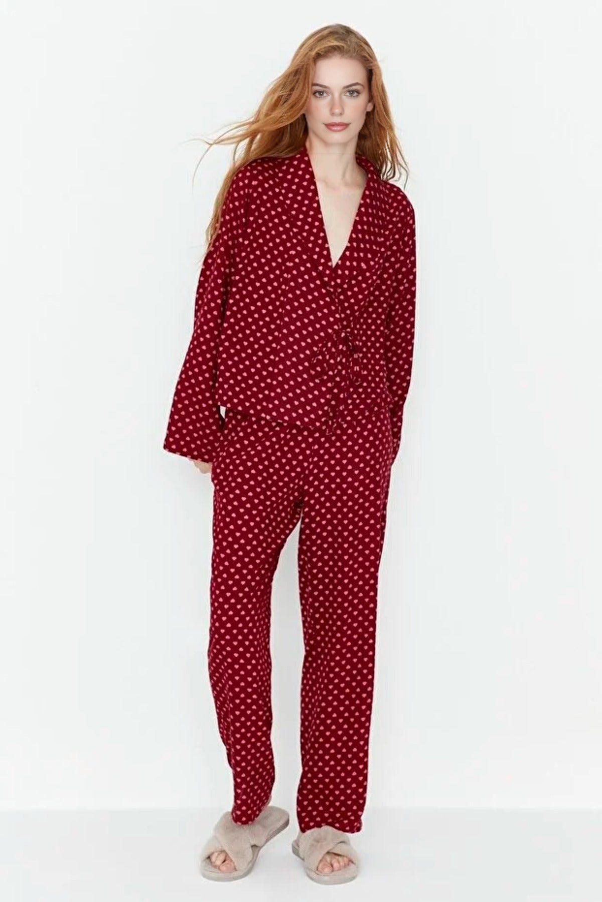 2-Piece Heart Print Viscose Woven Pajama Set with Tie Detail