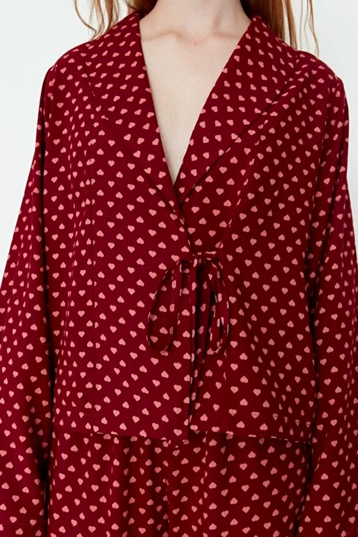 2-Piece Heart Print Viscose Woven Pajama Set with Tie Detail