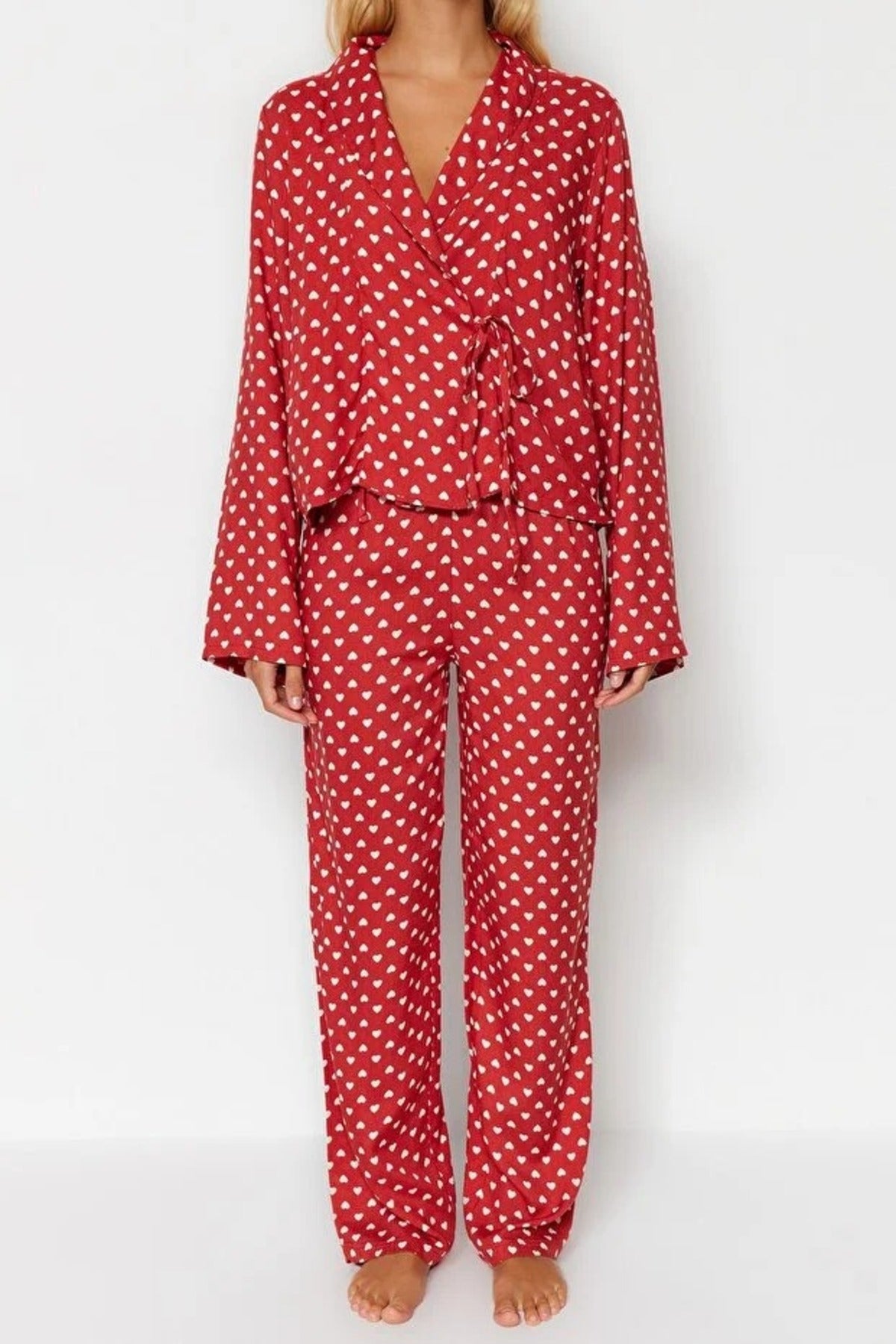 2-Piece Heart Print Viscose Woven Pajama Set with Tie Detail