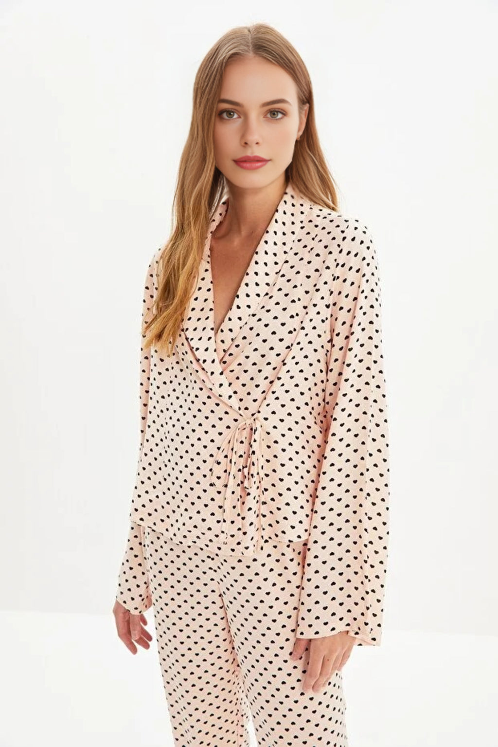 2-Piece Heart Print Viscose Woven Pajama Set with Tie Detail