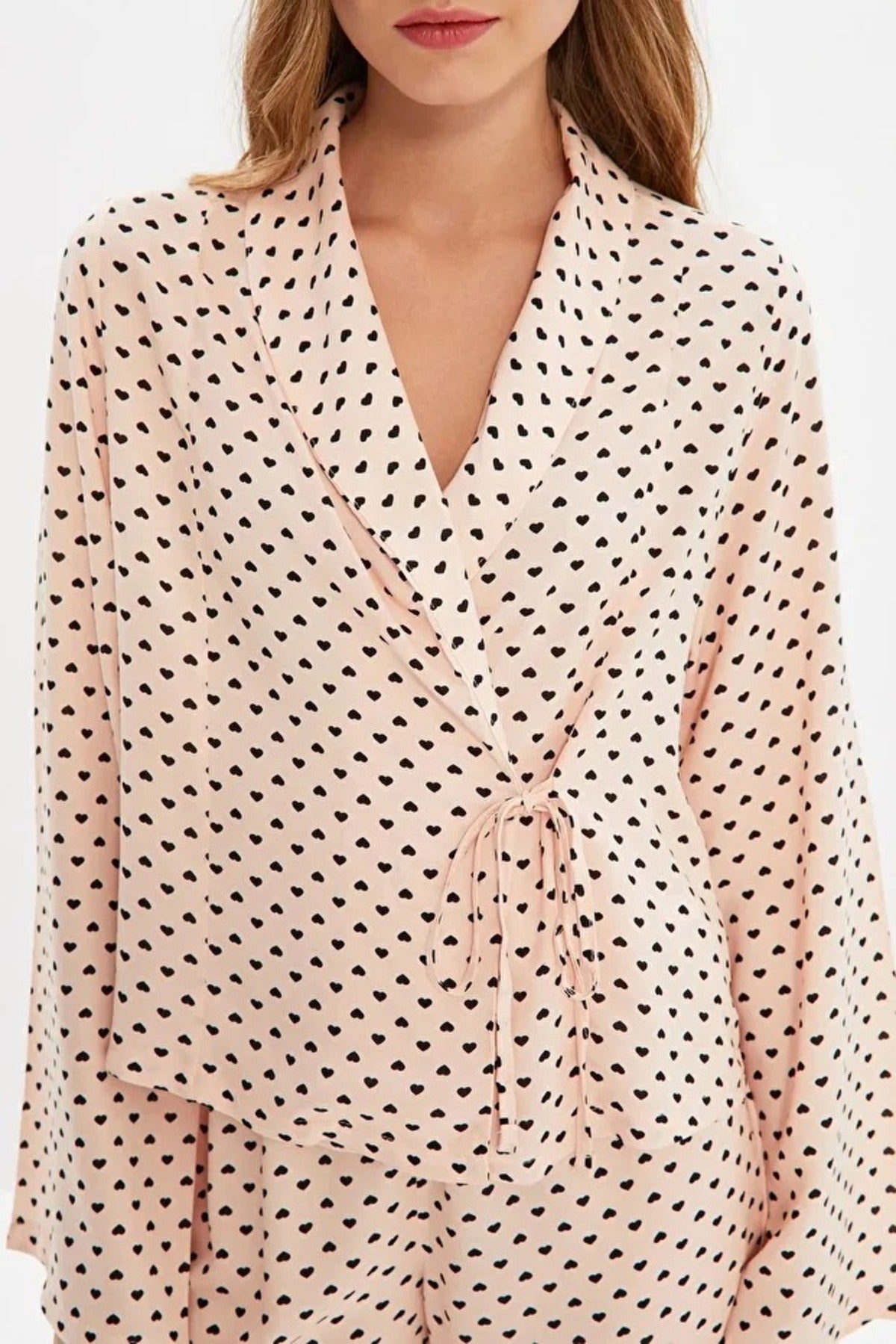 2-Piece Heart Print Viscose Woven Pajama Set with Tie Detail