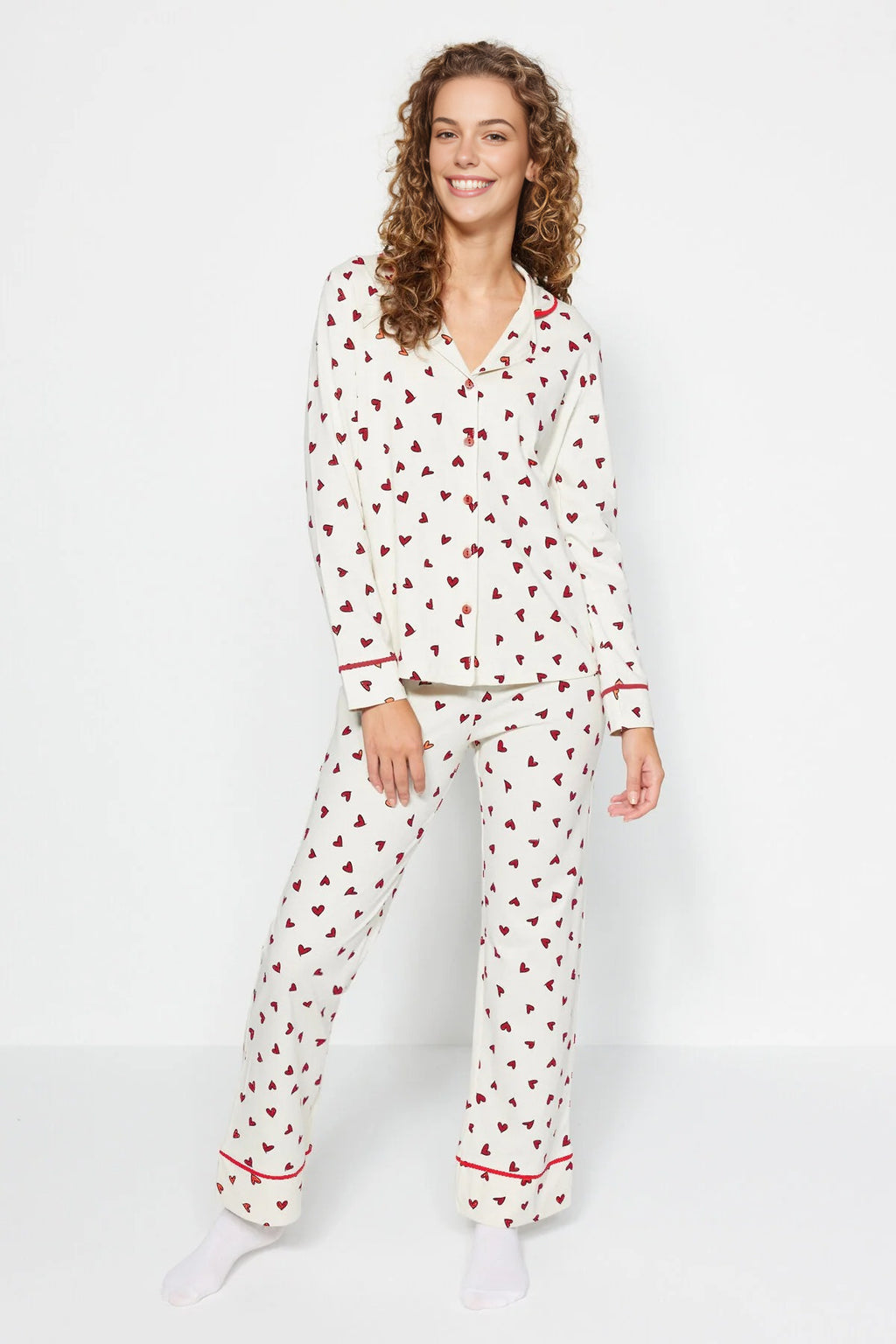 2-Piece Cotton Heart Print Knit Pajama Set