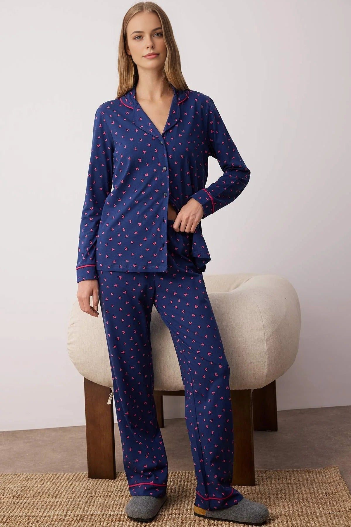 2-Piece Cotton Heart Print Knit Pajama Set