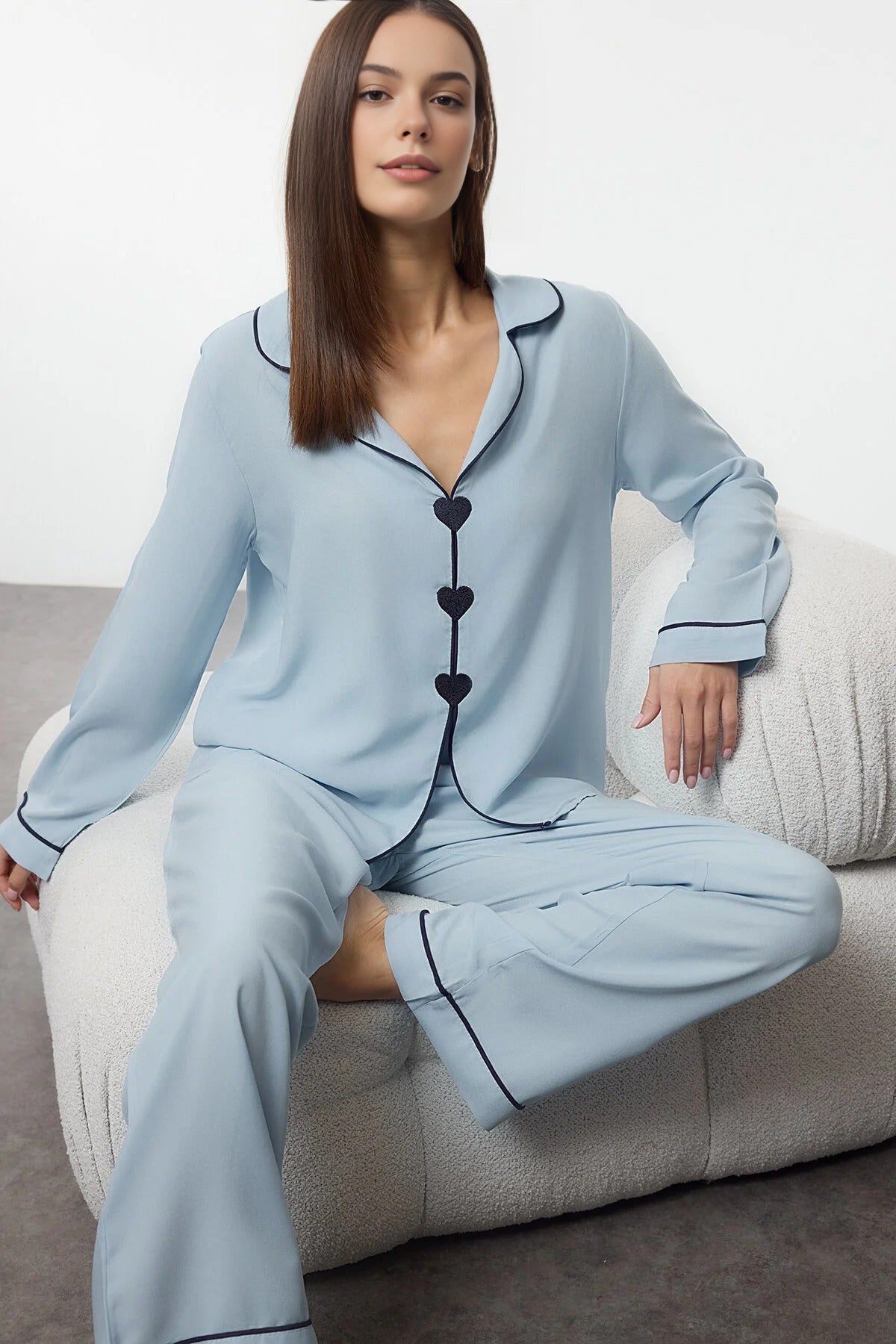 2-Piece Heart Embroidered Viscose Woven Pajama Set