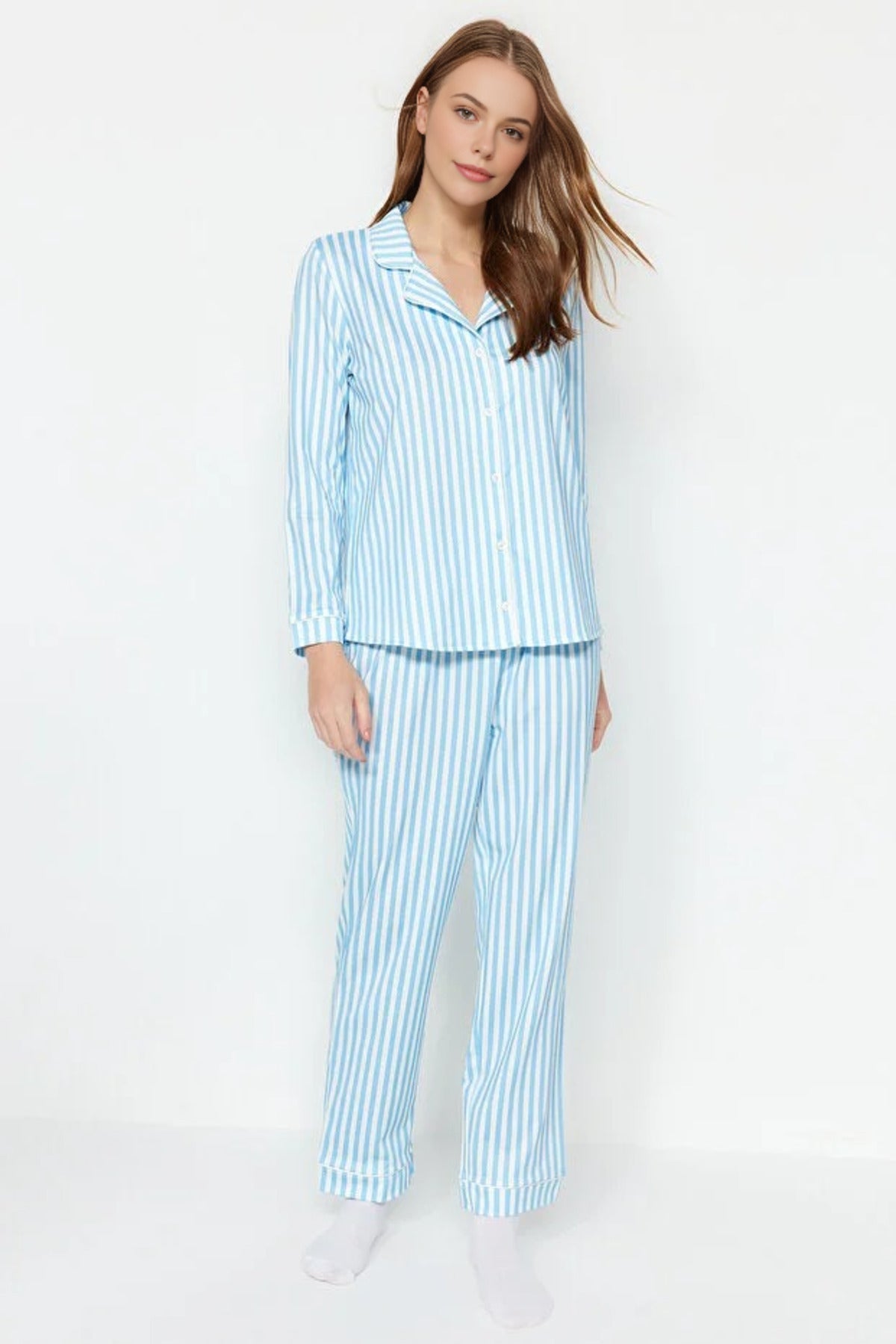 2-Piece Striped Pattern Polar Fleece Lined Shirt-Pants Knit Pajama Set