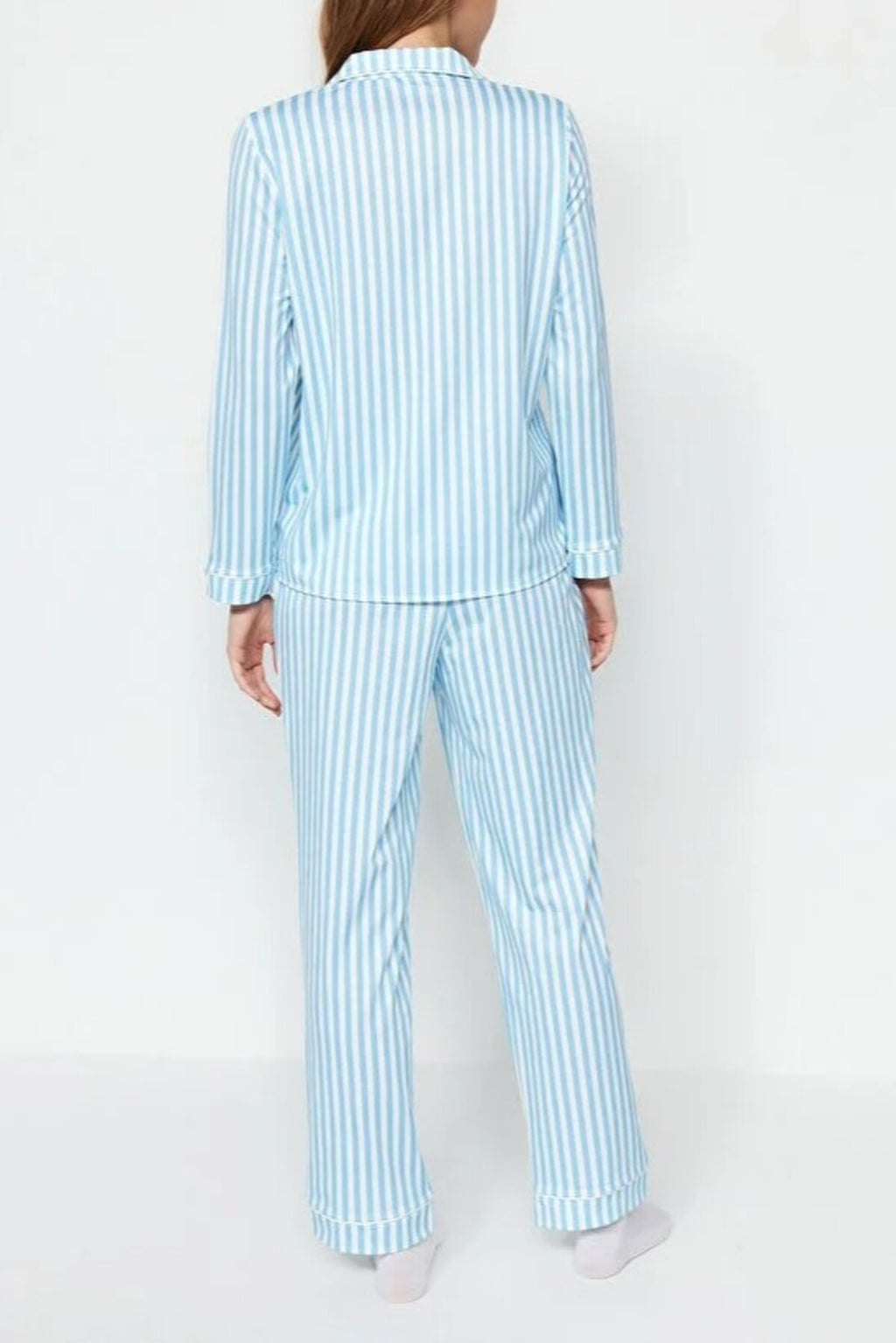 2-Piece Striped Pattern Polar Fleece Lined Shirt-Pants Knit Pajama Set