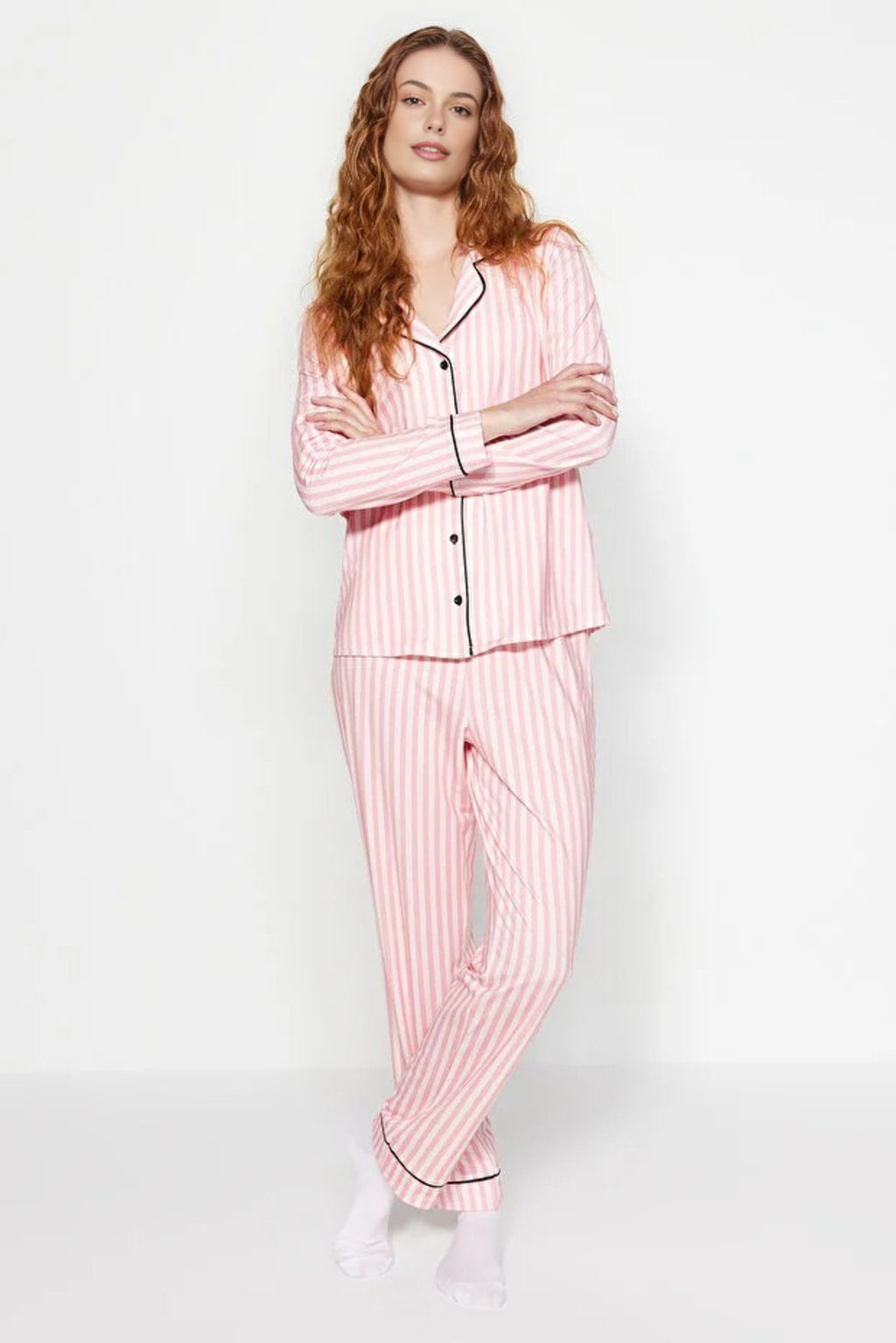 2-Piece Striped Pattern Polar Fleece Lined Shirt-Pants Knit Pajama Set