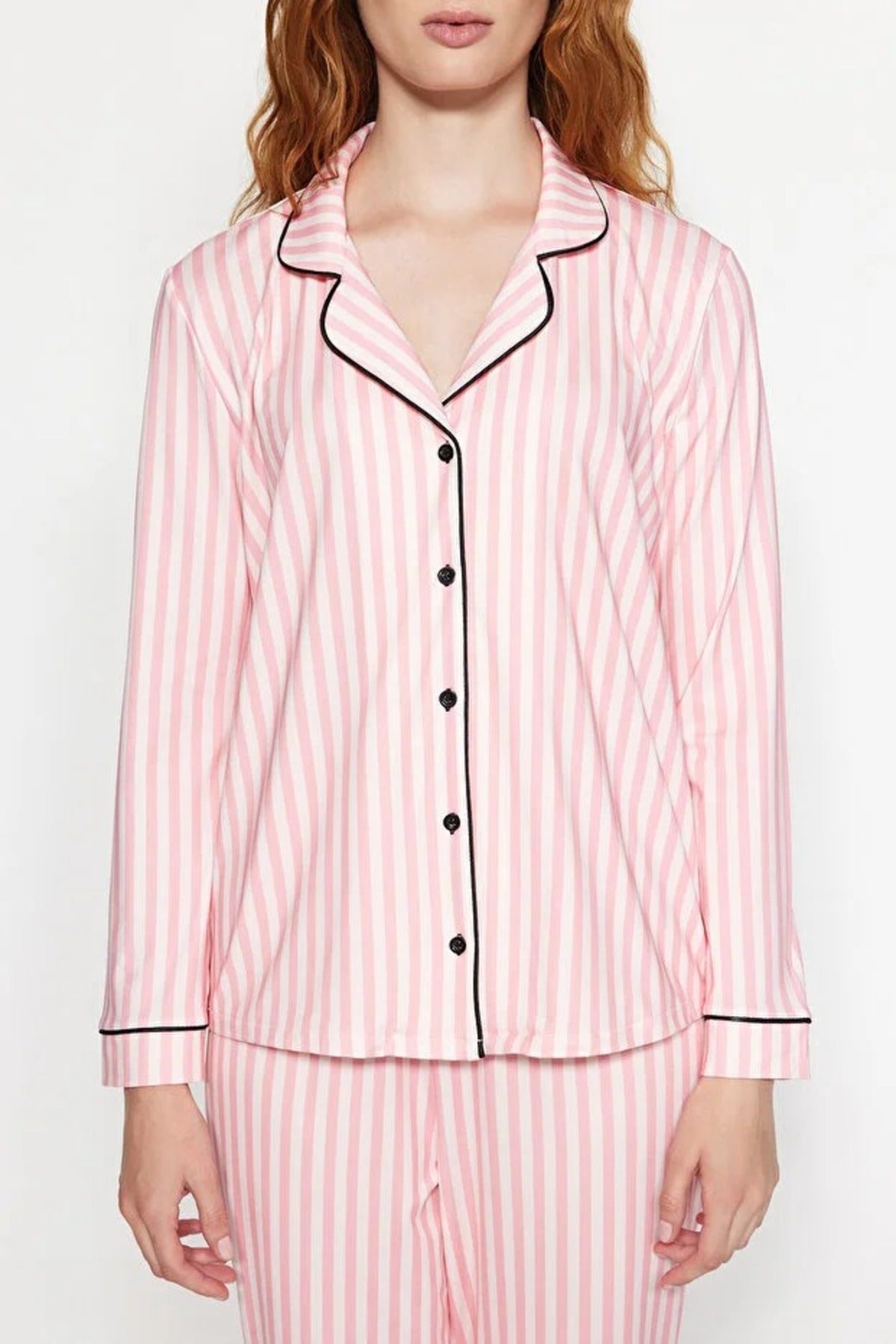 2-Piece Striped Pattern Polar Fleece Lined Shirt-Pants Knit Pajama Set